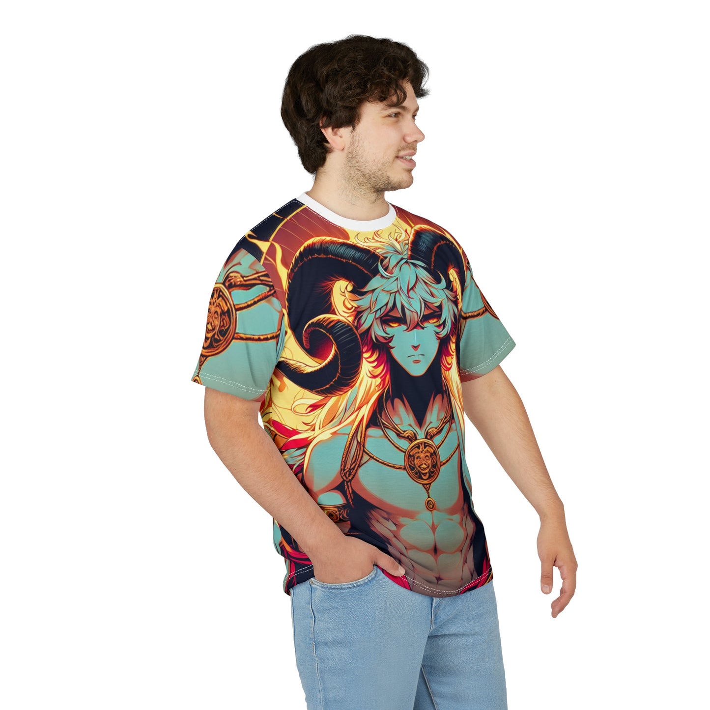 Unisex Cut & Sew T-Shirt (AOP), Anime Character, Aries Zodiac Design, Regular fit, 100% Polyester