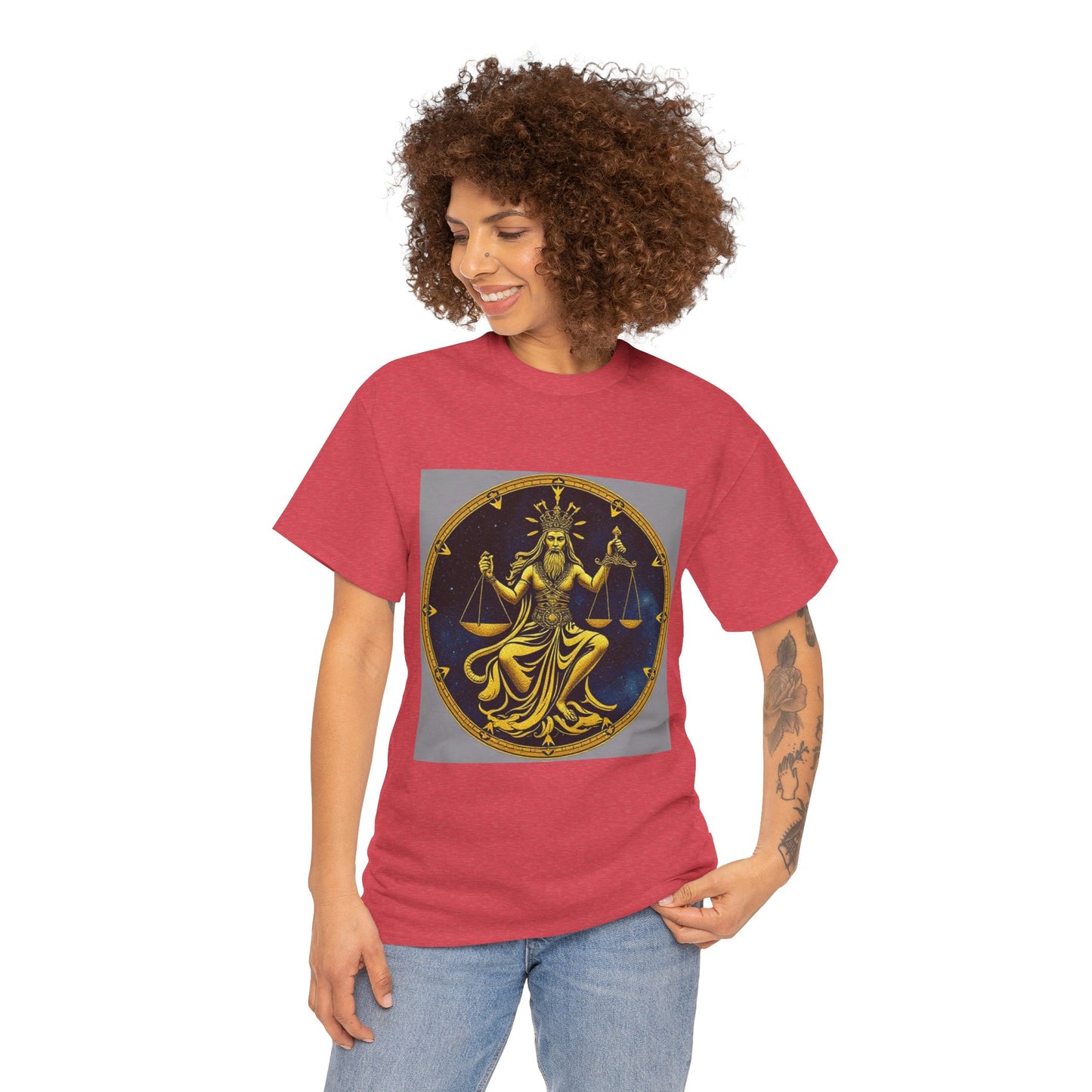 Unisex Heavy Cotton T-Shirt, Gold v1, Libra God, Zodiac Design