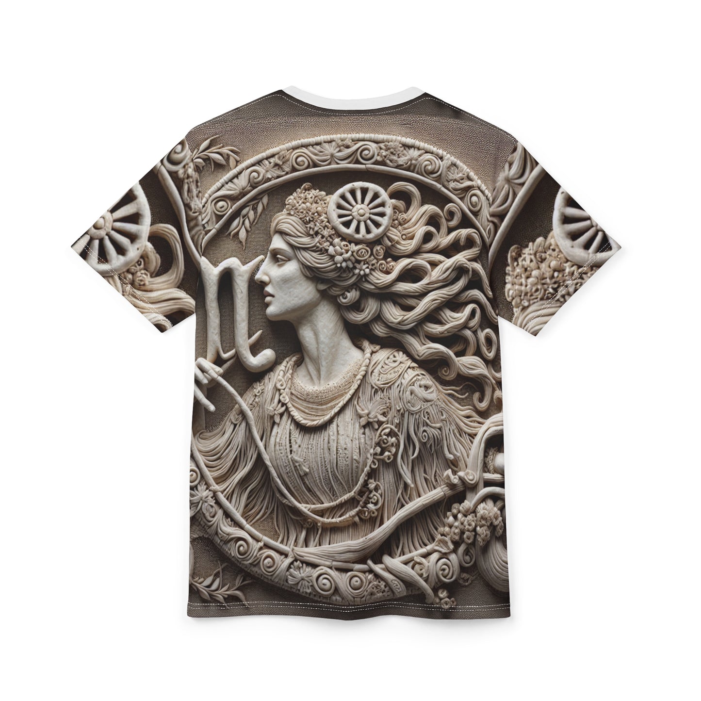Unisex Cut & Sew T-Shirt (AOP), Lady Stone Carving, Virgo Zodiac Design, Regular fit, 100% Polyester