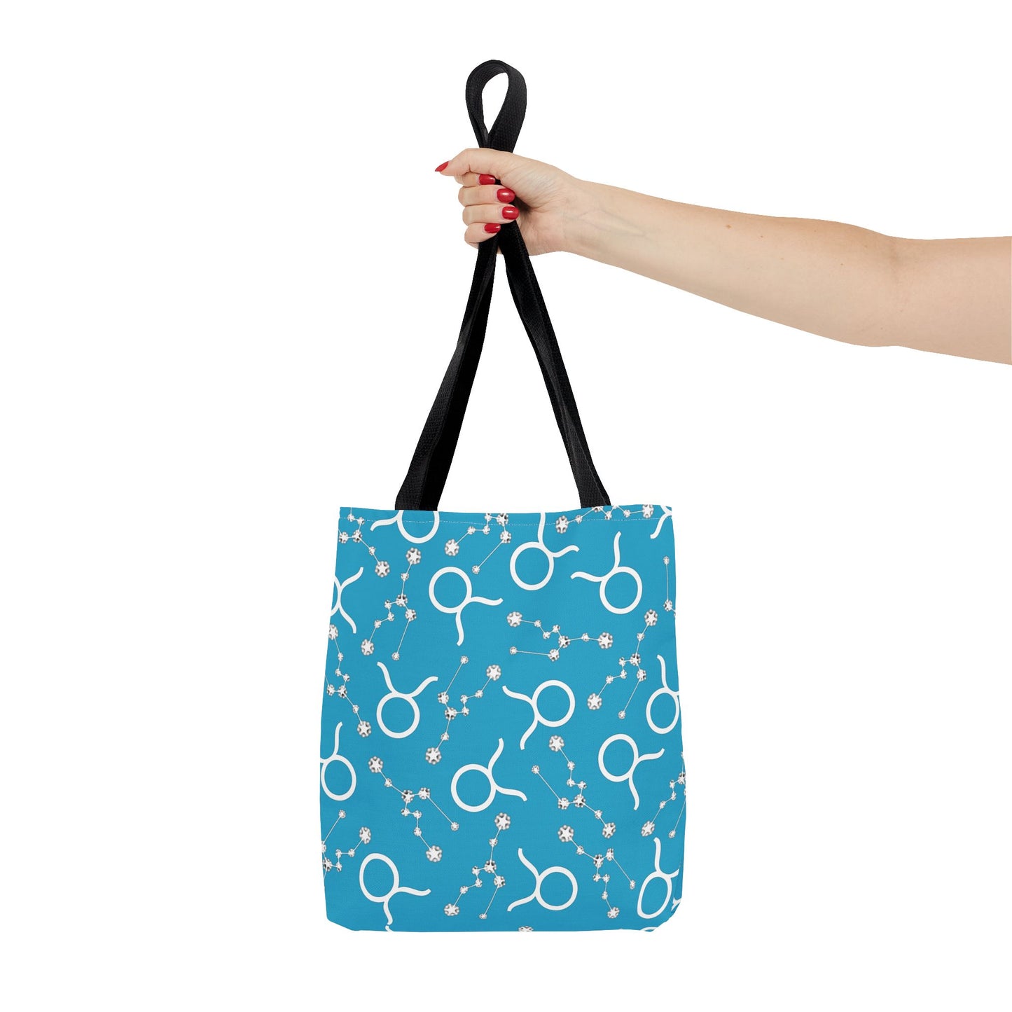 Tote Bag, Taurus Zodiac Sign, AOP, (Turquoise, White)