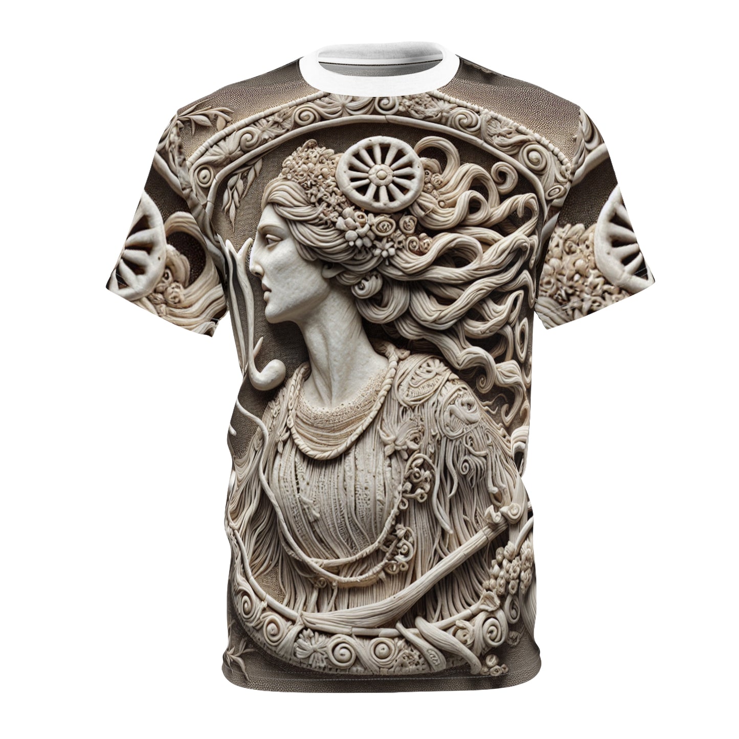 Unisex Cut & Sew T-Shirt (AOP), Lady Stone Carving, Virgo Zodiac Design, Regular fit, 100% Polyester