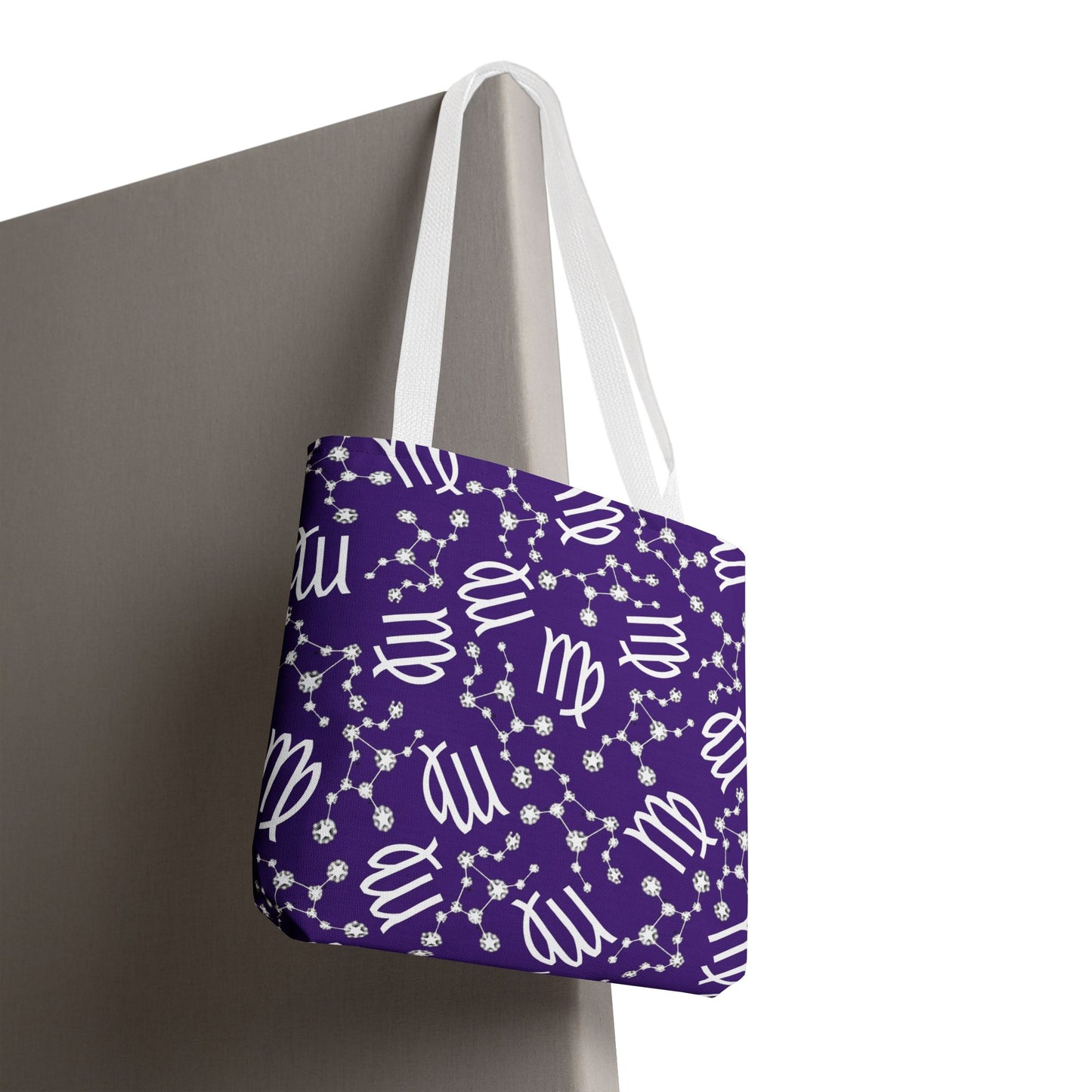 Tote Bag, Virgo Zodiac Sign, AOP, (Purple, White)
