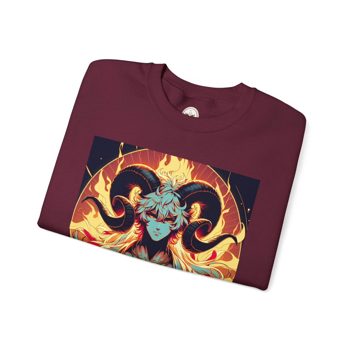 Unisex Heavy Blend™ Crewneck Sweatshirt, Anime Fire Aries, Zodiac Design