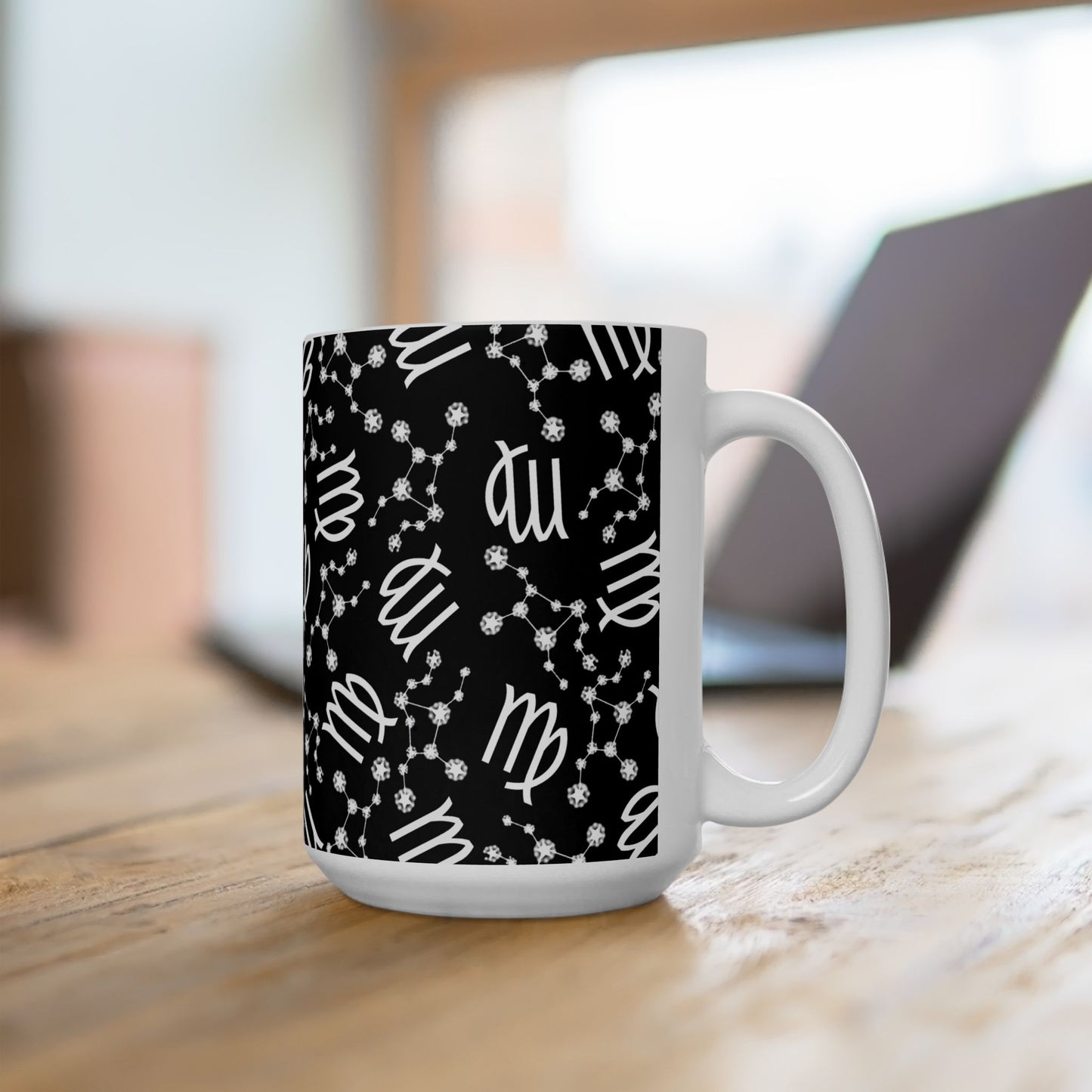 Ceramic Mug, (11oz, 15oz), Ceramic Coffee Mug, Black AOP, Virgo Zodiac Design