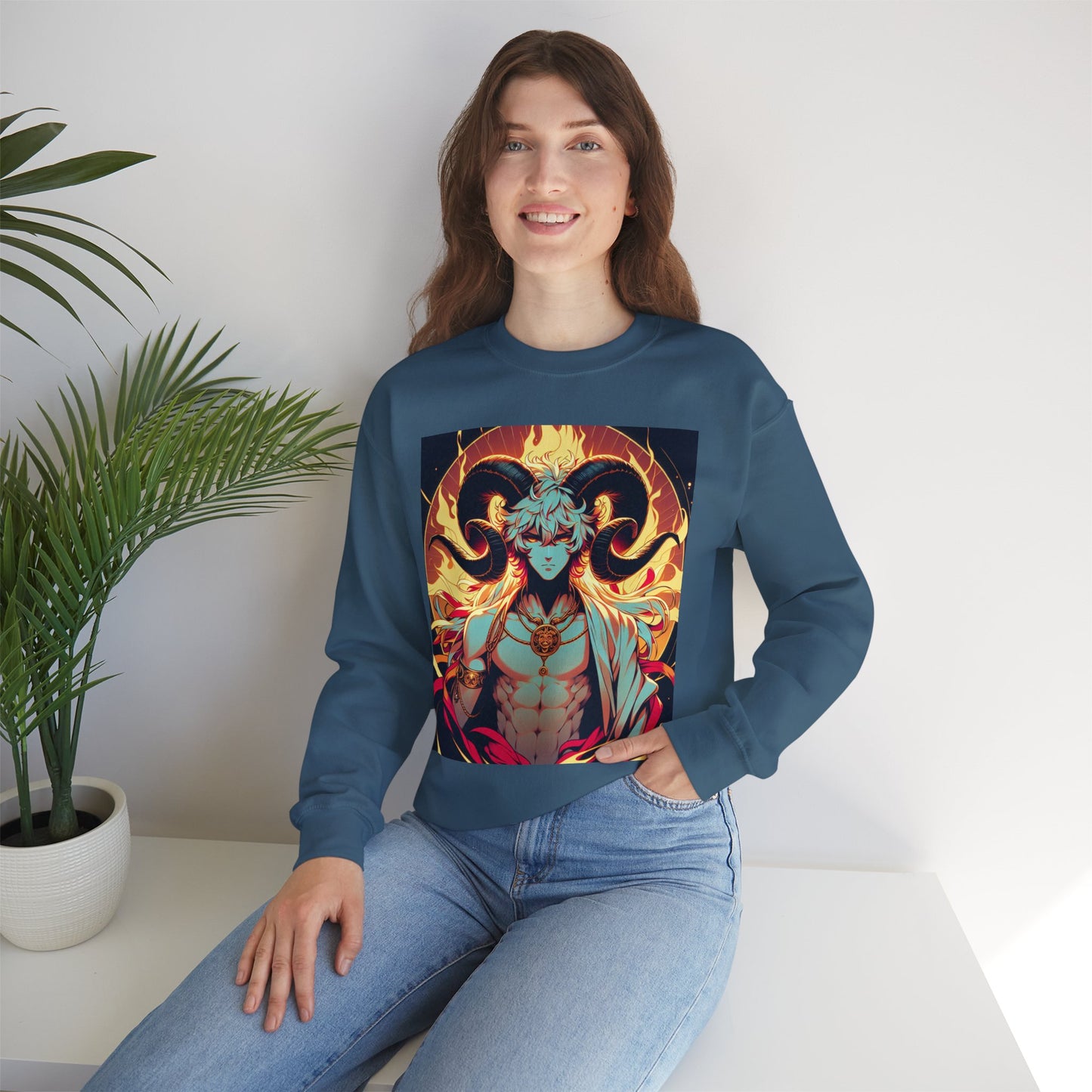 Unisex Heavy Blend™ Crewneck Sweatshirt, Anime Fire Aries, Zodiac Design