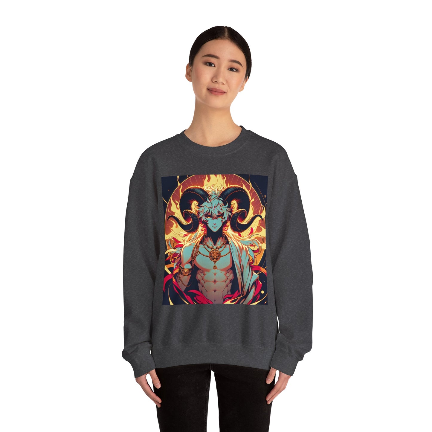 Unisex Heavy Blend™ Crewneck Sweatshirt, Anime Fire Aries, Zodiac Design