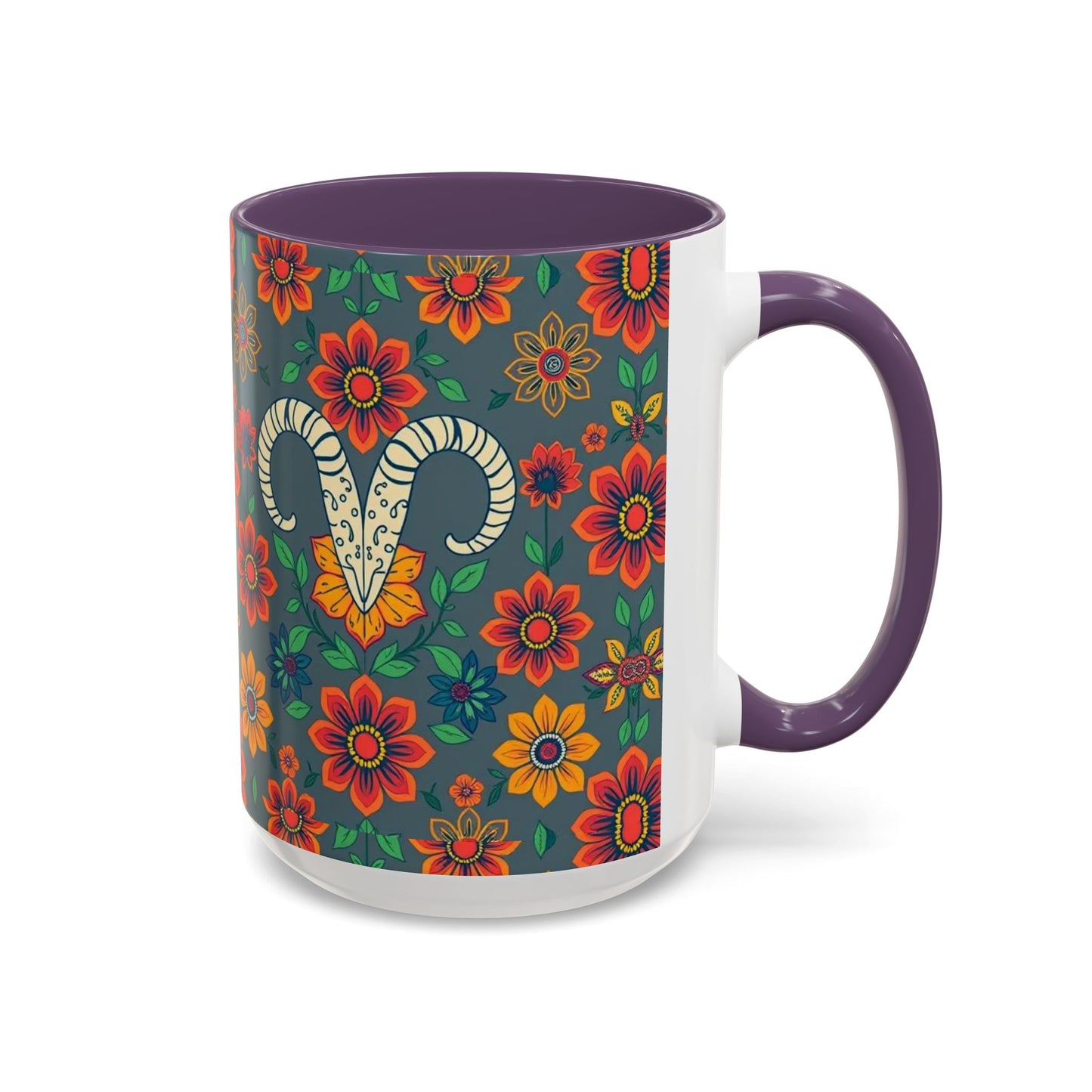 Accent Coffee Mug, Aries, Zodiac v4, Flower Pattern, (11, 15oz)
