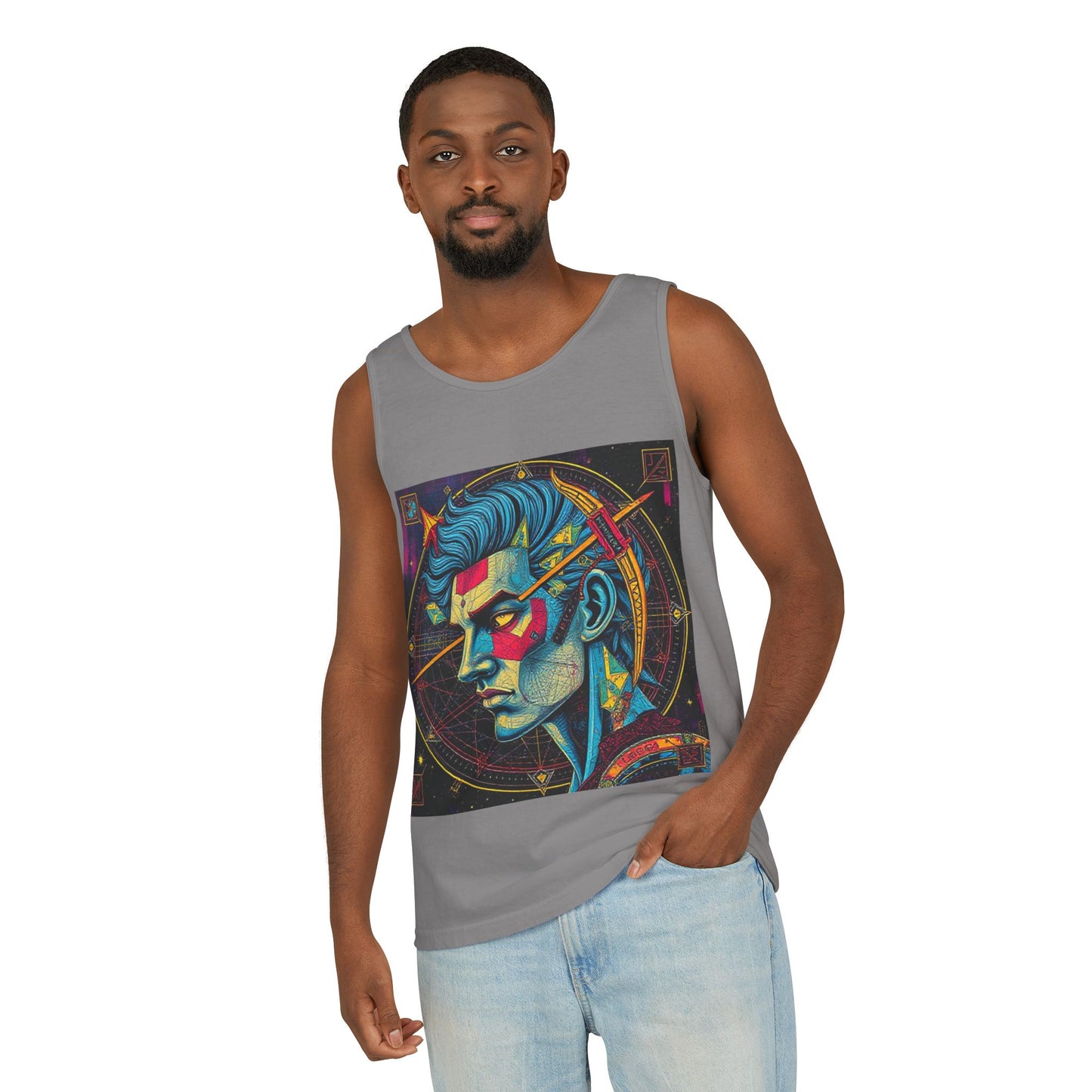 Unisex Garment-Dyed, Tank Top, Sagittarius Design, Pop Art v1, 100% US cotton