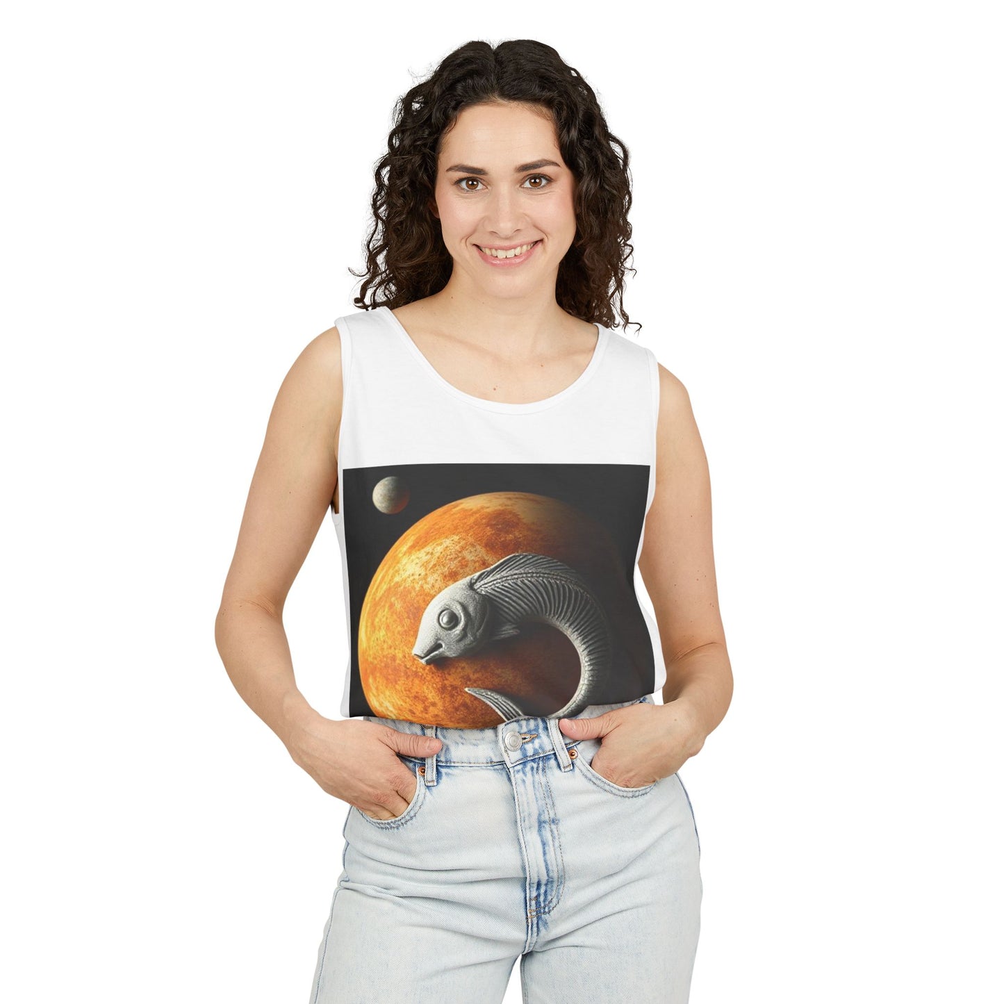 Unisex Garment-Dyed, Tank Top, Pisces Design, Space Animal, 100% US cotton