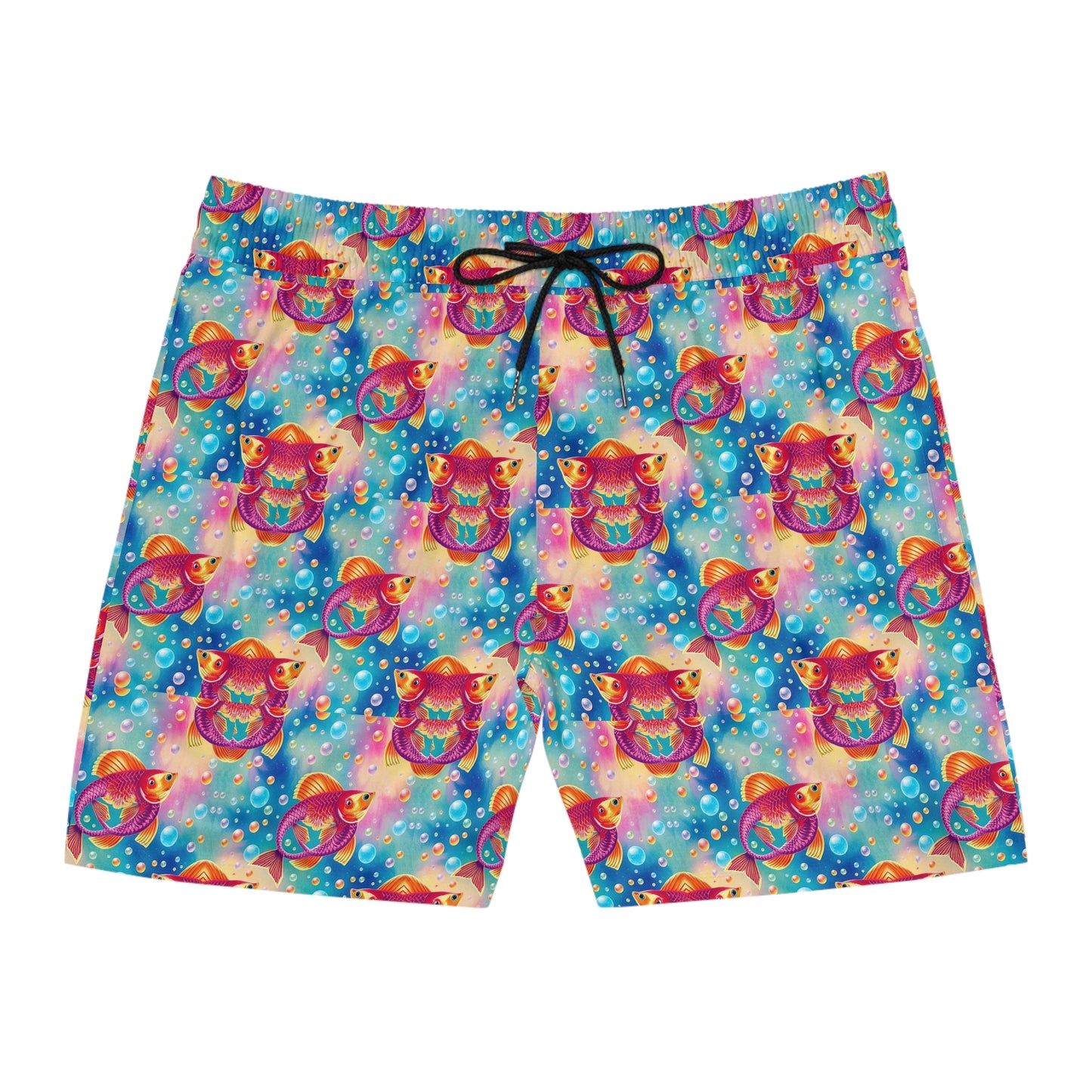 Men's Mid-Length Swim Shorts, (AOP), Pisces, Zodiac v3, Bubble Pattern
