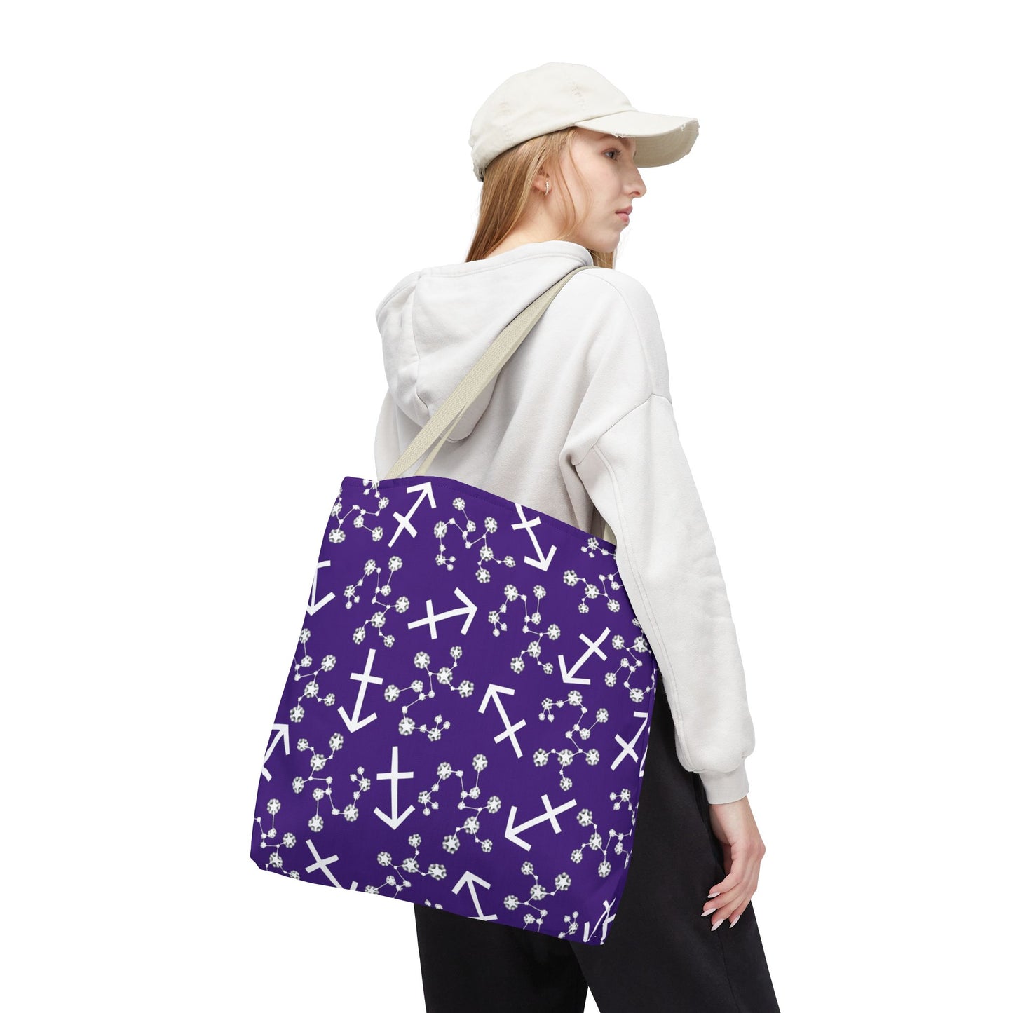 Tote Bag, Sagittarius Zodiac Sign, AOP, (Purple, White Print)