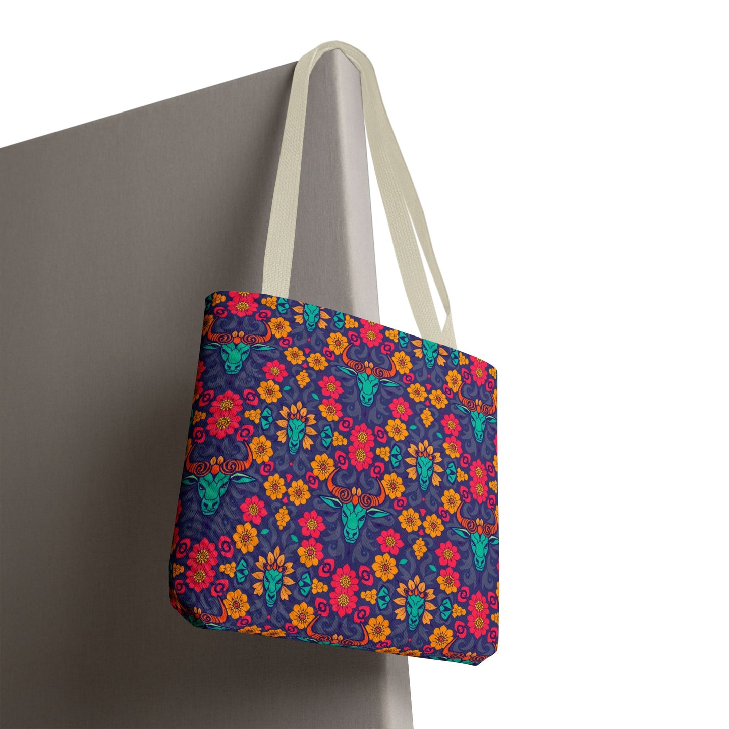 Tote Bag, (AOP), Taurus, Zodiac v1, Flower Pattern