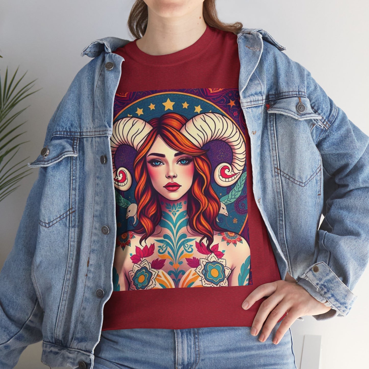 Unisex Heavy Cotton T-Shirt, Aries, Zodiac v1, Sexy Art