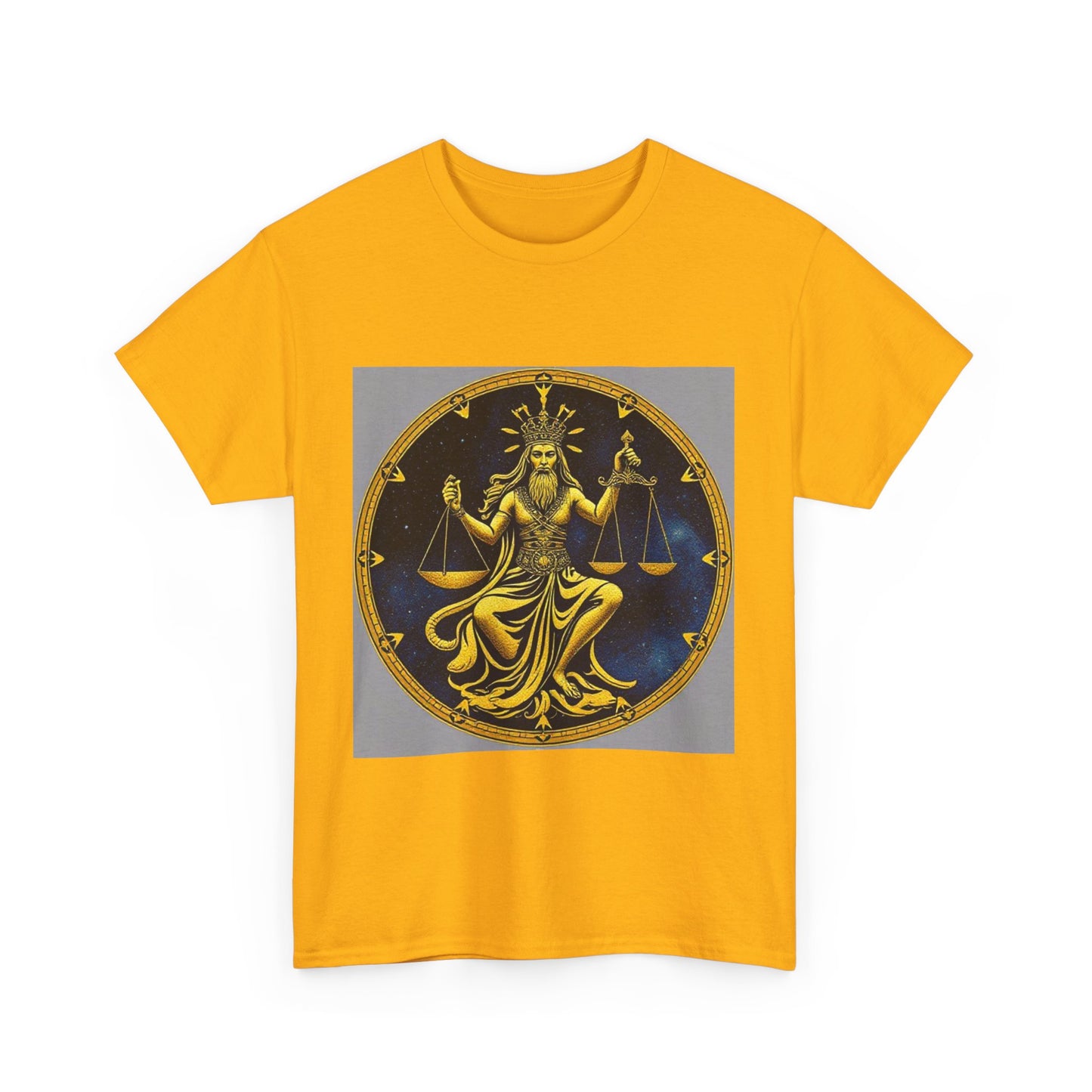 Unisex Heavy Cotton T-Shirt, Gold Libra God, Zodiac Design