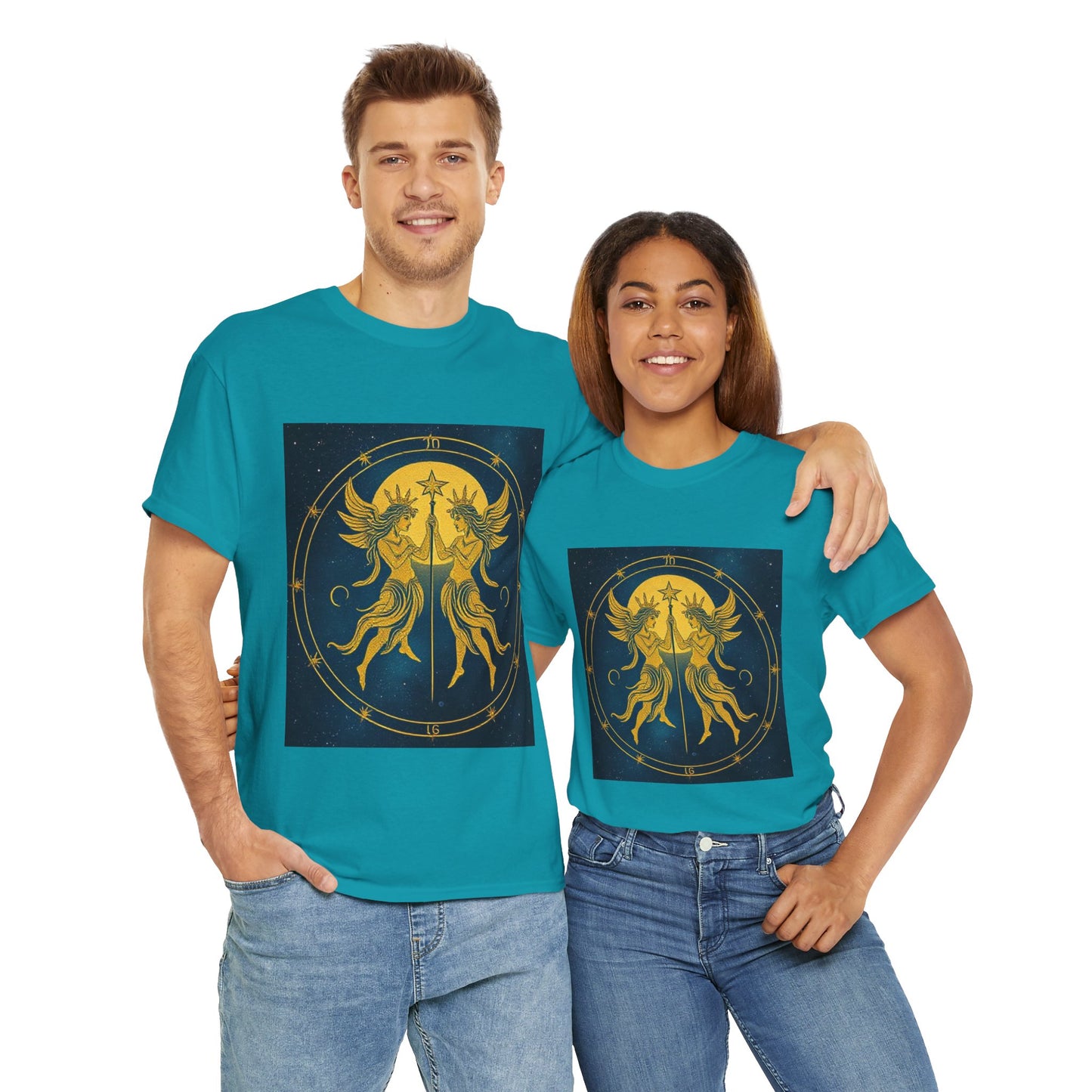 Unisex Heavy Cotton T-Shirt, Space Angel Twins v4, Gemini Zodiac Design
