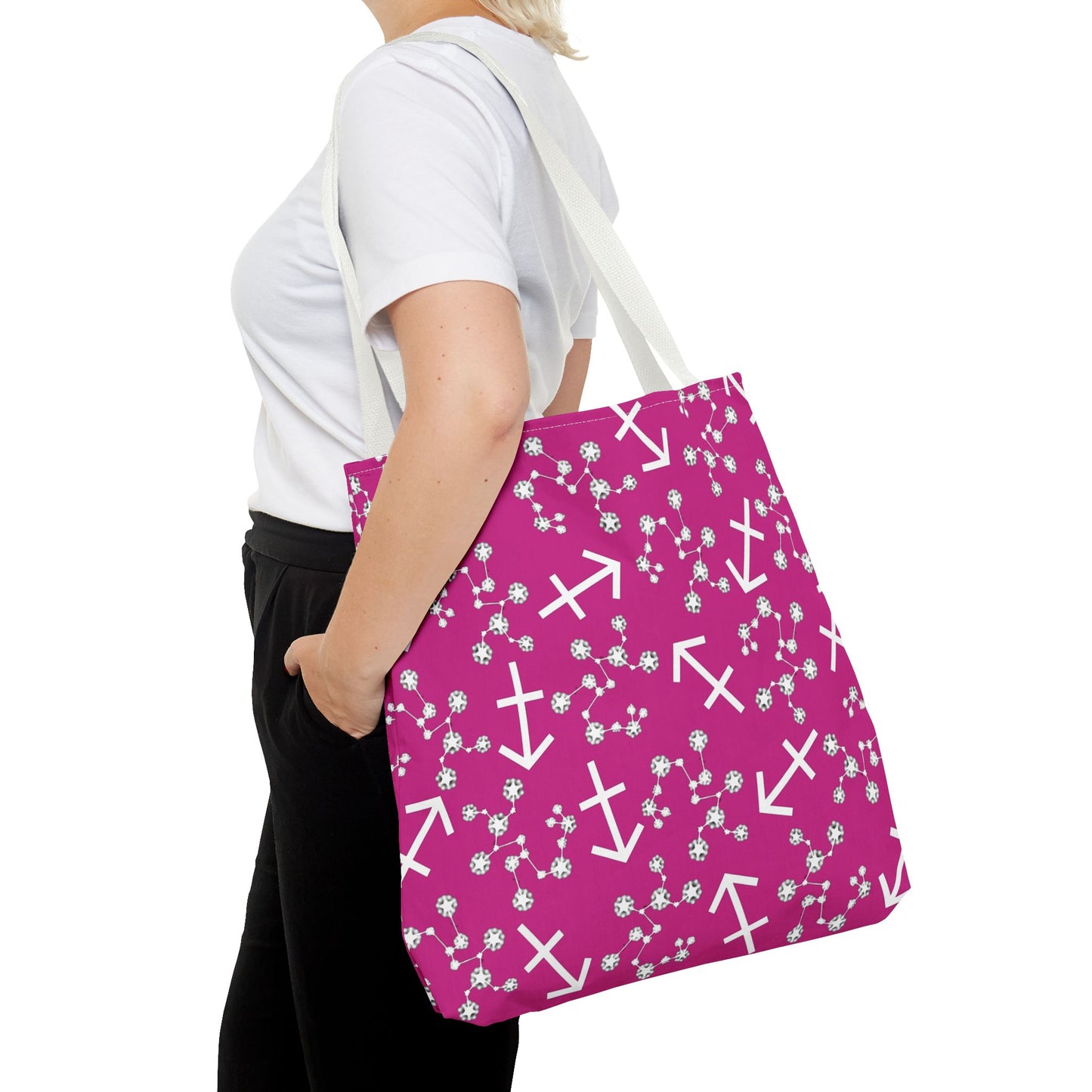 Tote Bag, Sagittarius Zodiac Sign, AOP, (Pink, White Print)