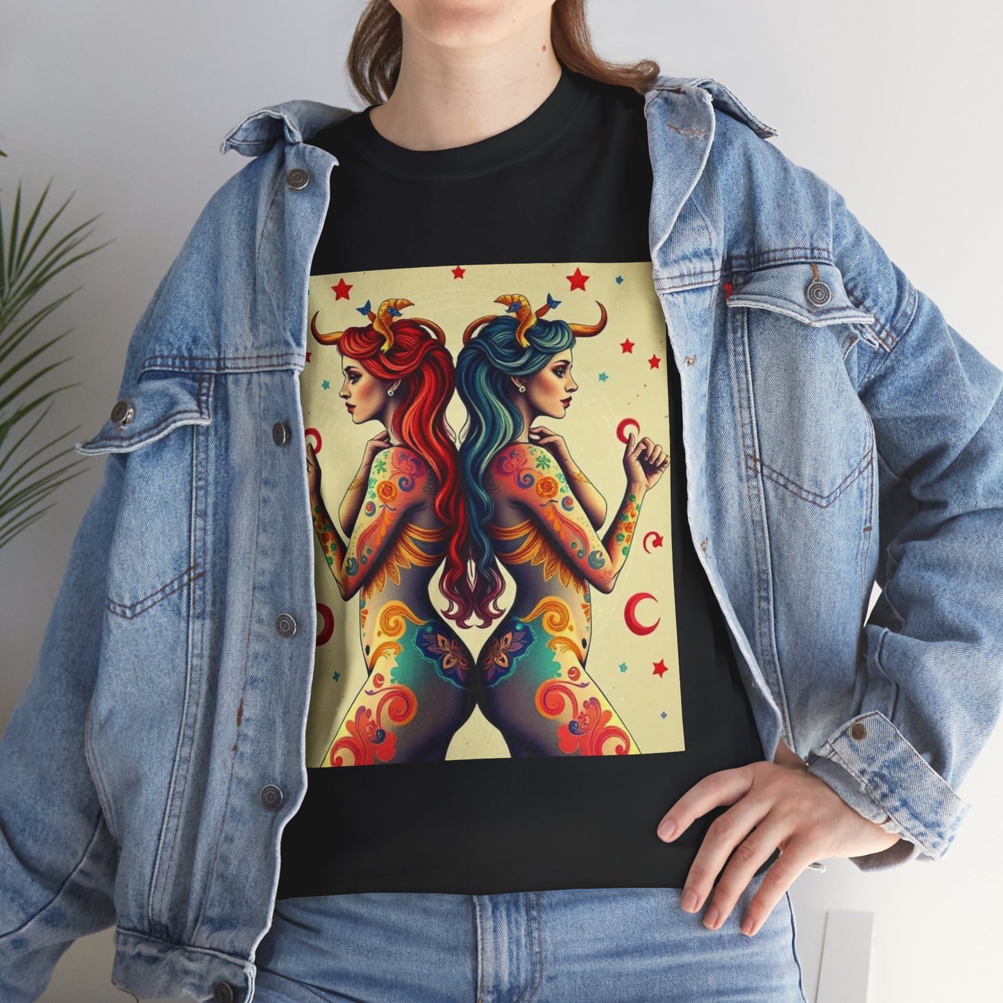 Unisex Heavy Cotton T-Shirt, Gemini, Zodiac v4, Sexy Art