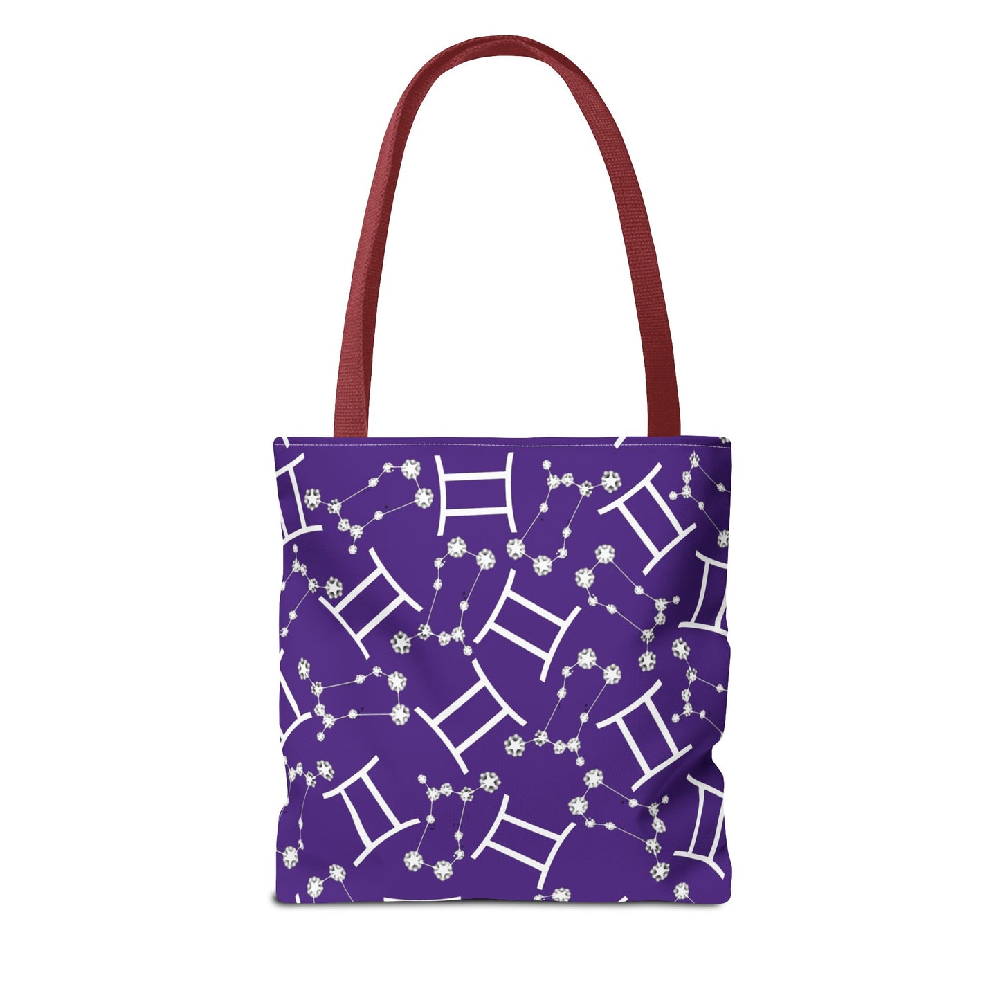 Tote Bag, Gemini Zodiac Sign, AOP, (Purple, White Print)