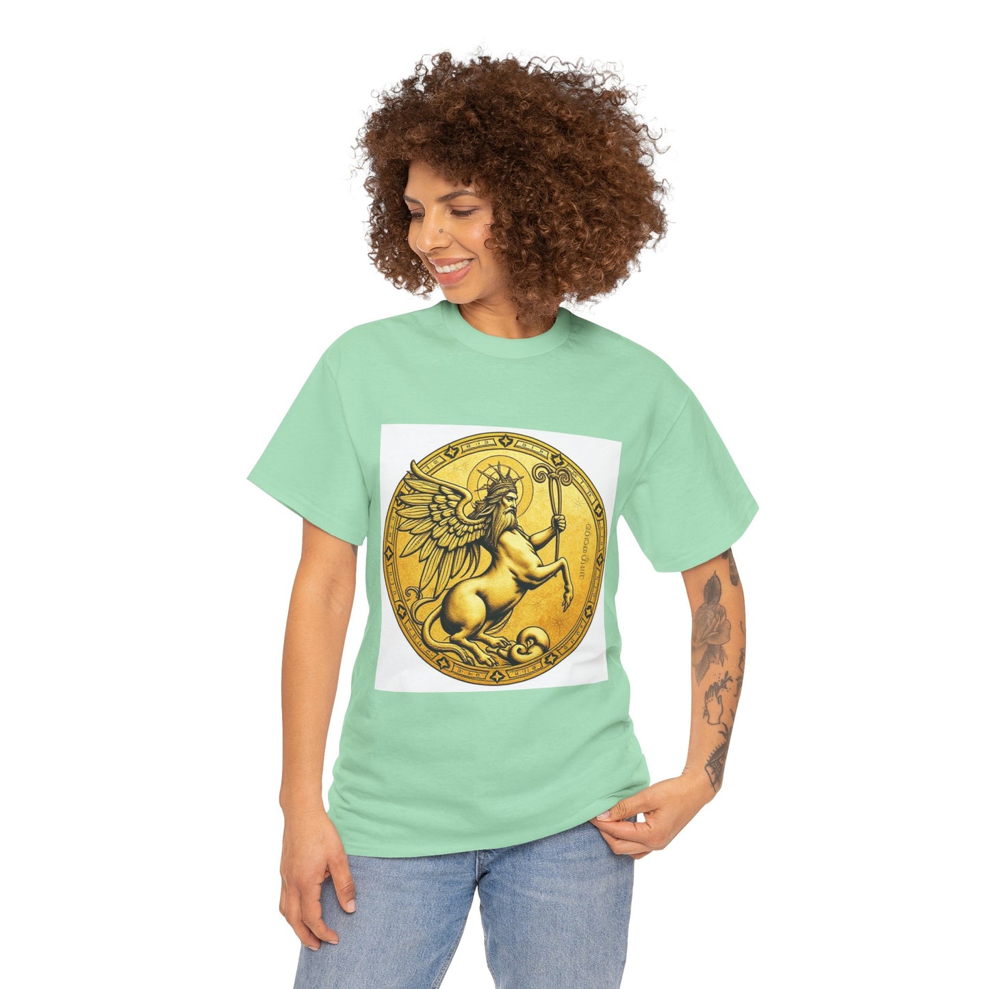 Unisex Heavy Cotton T-Shirt, Golden Angel Coin v1, Virgo Zodiac Design