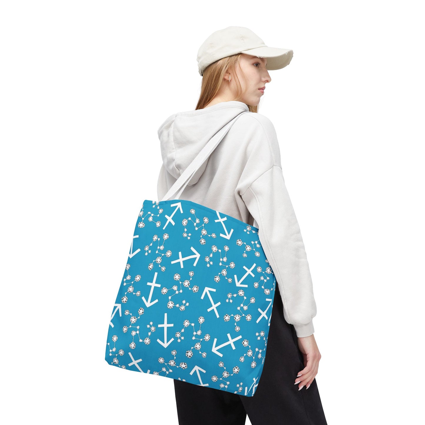 Tote Bag, Sagittarius Zodiac Sign, AOP, (Turquoise, White Print)
