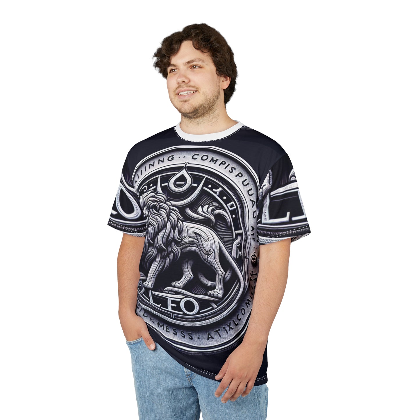 Unisex Cut & Sew T-Shirt (AOP), Lion Coin, Leo Zodiac Design, Regular fit, 100% Polyester