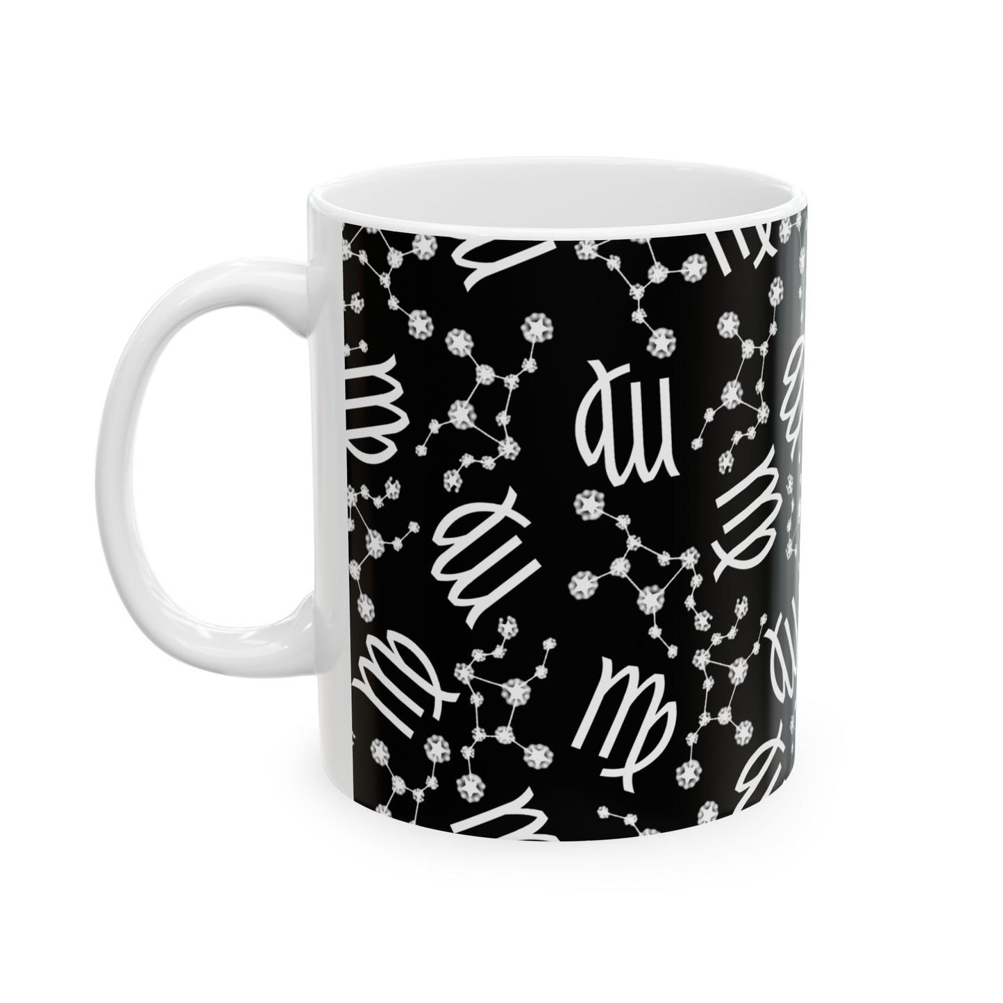 Ceramic Mug, (11oz, 15oz), Ceramic Coffee Mug, Black AOP, Virgo Zodiac Design