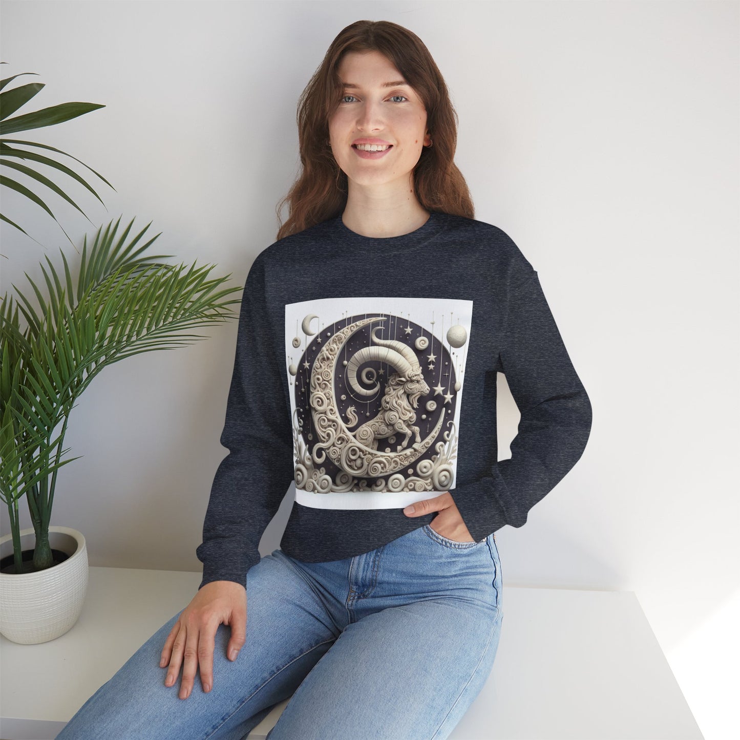 Unisex Heavy Blend™ Crewneck Sweatshirt, Stone Moon, Capricorn Zodiac Design