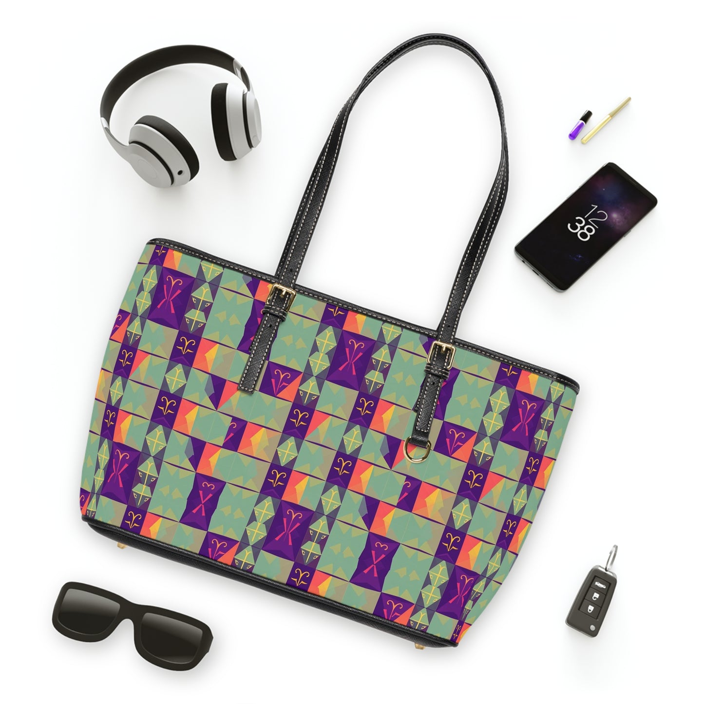Leather Shoulder Bag, Aquarius, Zodiac v4, Shapes Pattern