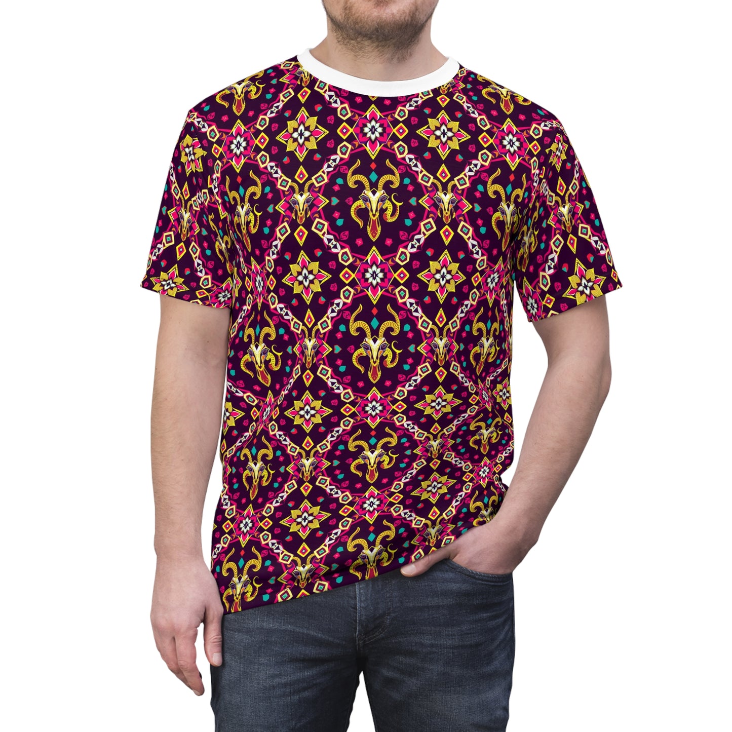 Unisex Cut & Sew T-Shirt, (AOP), Capricorn, Zodiac v4, Jewels Pattern