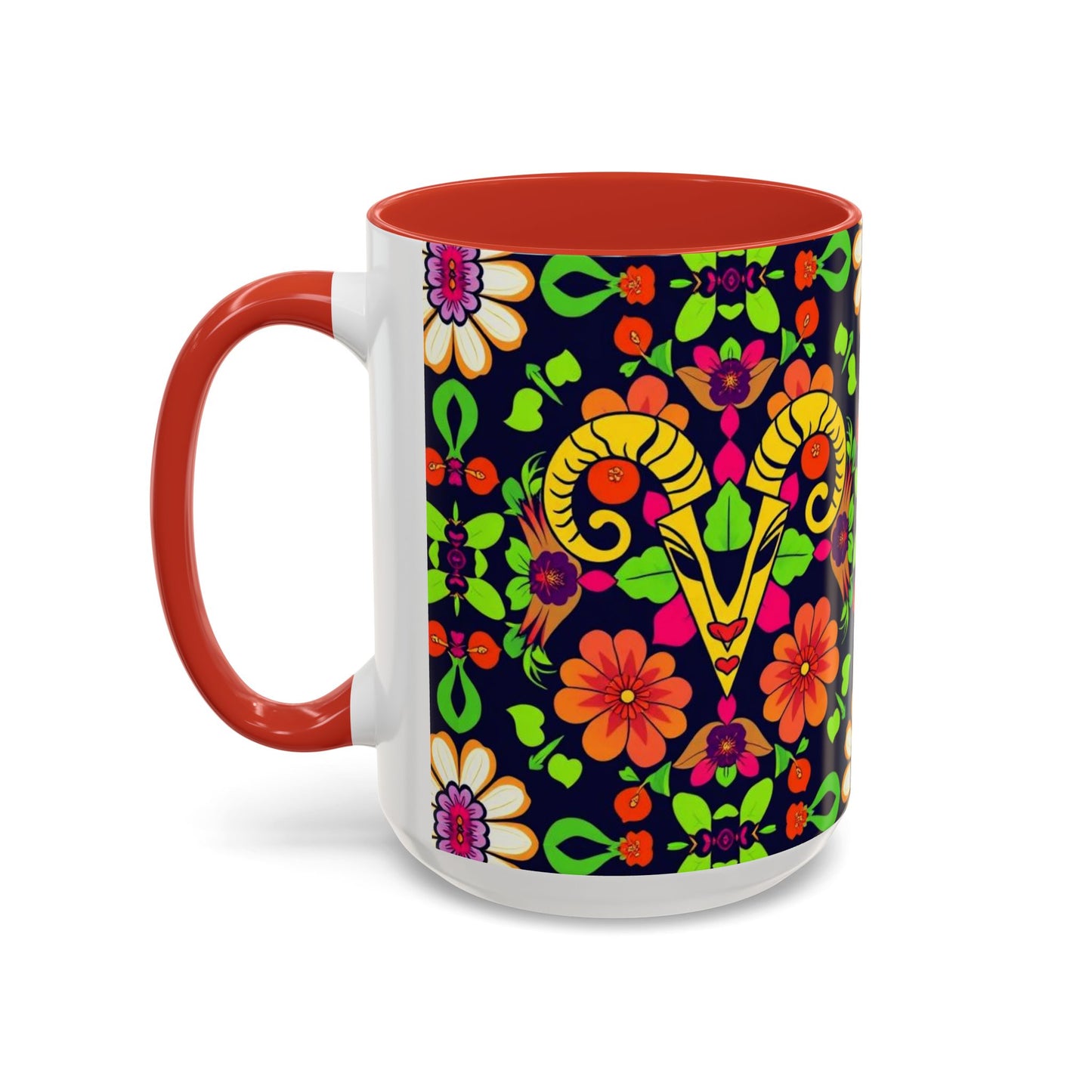 Accent Coffee Mug, Aries, Zodiac v2, Flower Pattern, (11, 15oz)