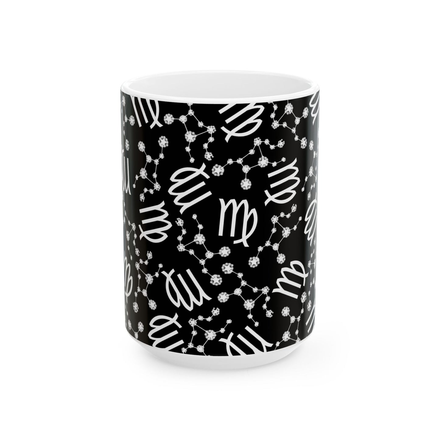 Ceramic Mug, (11oz, 15oz), Ceramic Coffee Mug, Black AOP, Virgo Zodiac Design
