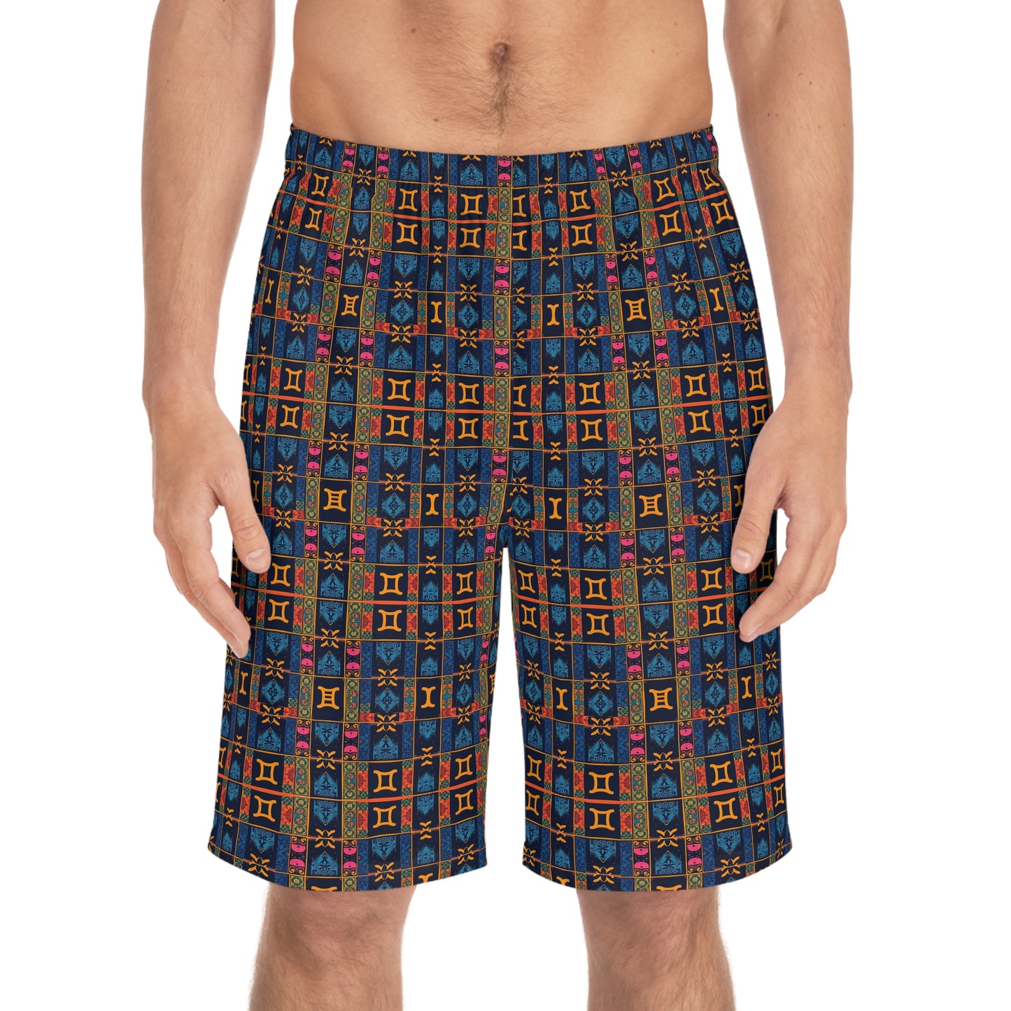 Men's Board Shorts, (AOP), Gemini, Zodiac v1, Shape Pattern