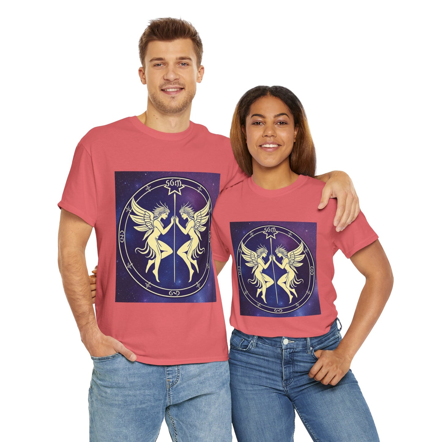 Unisex Heavy Cotton T-Shirt, Space Angel Twins, Gemini Zodiac Design