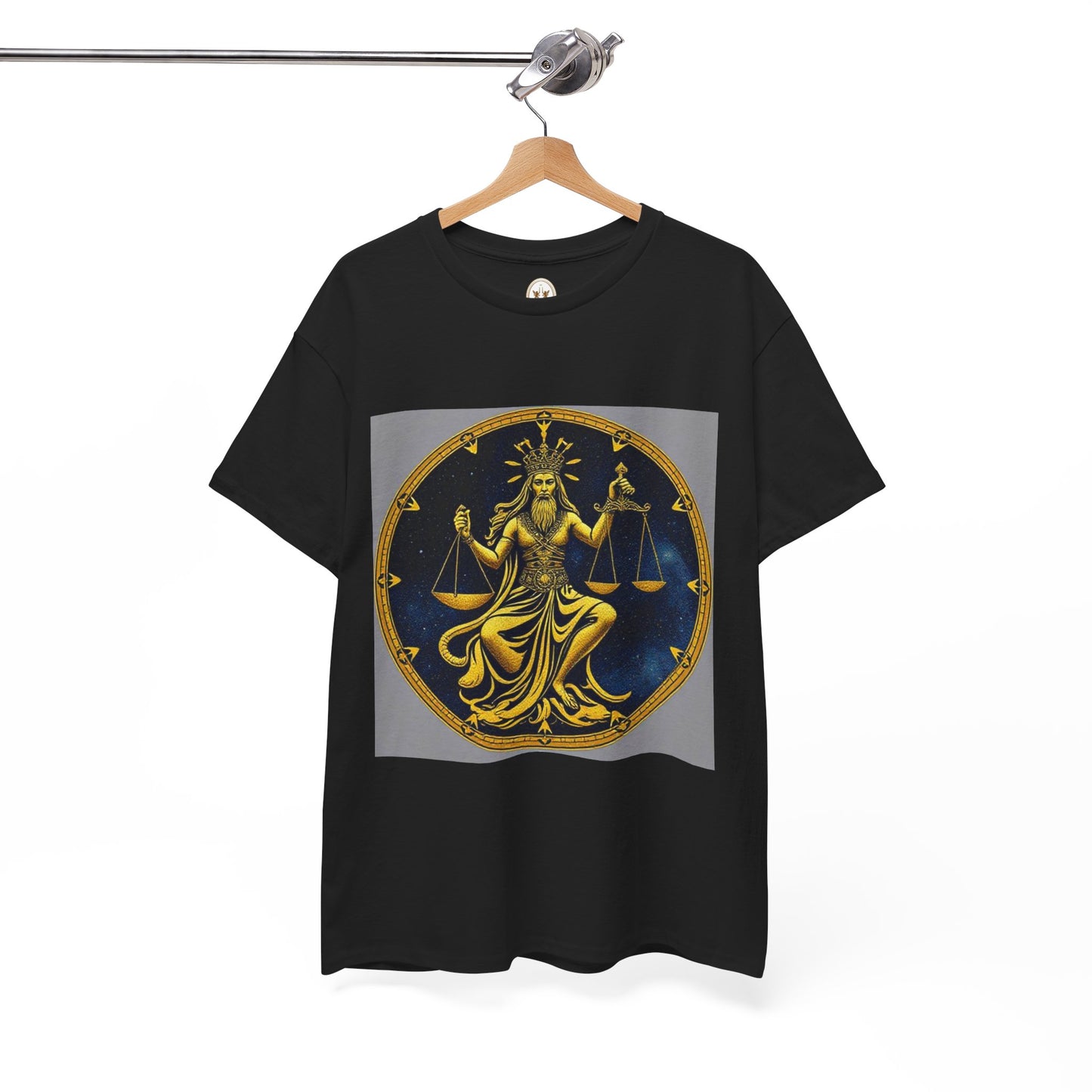 Unisex Heavy Cotton T-Shirt, Gold v1, Libra God, Zodiac Design