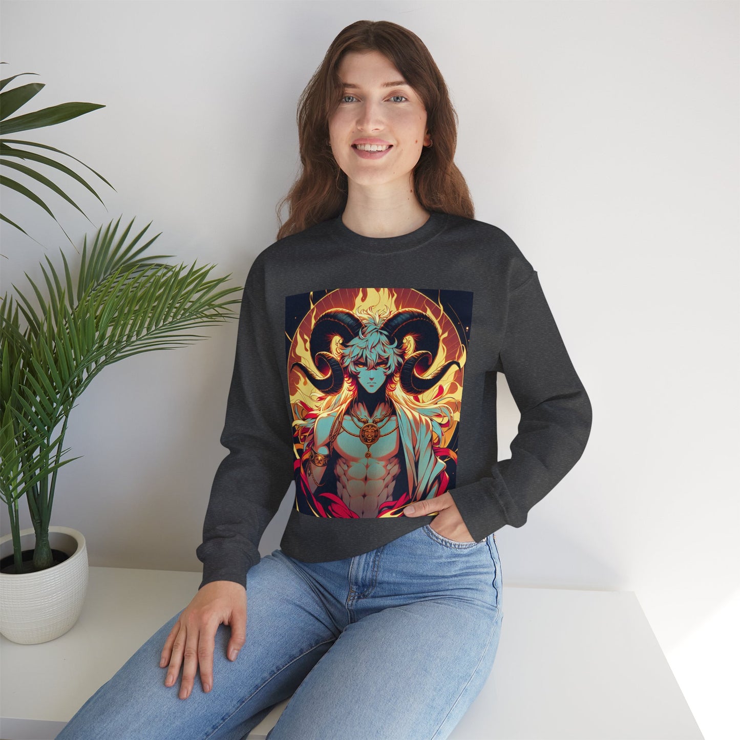 Unisex Heavy Blend™ Crewneck Sweatshirt, Anime Fire Aries, Zodiac Design