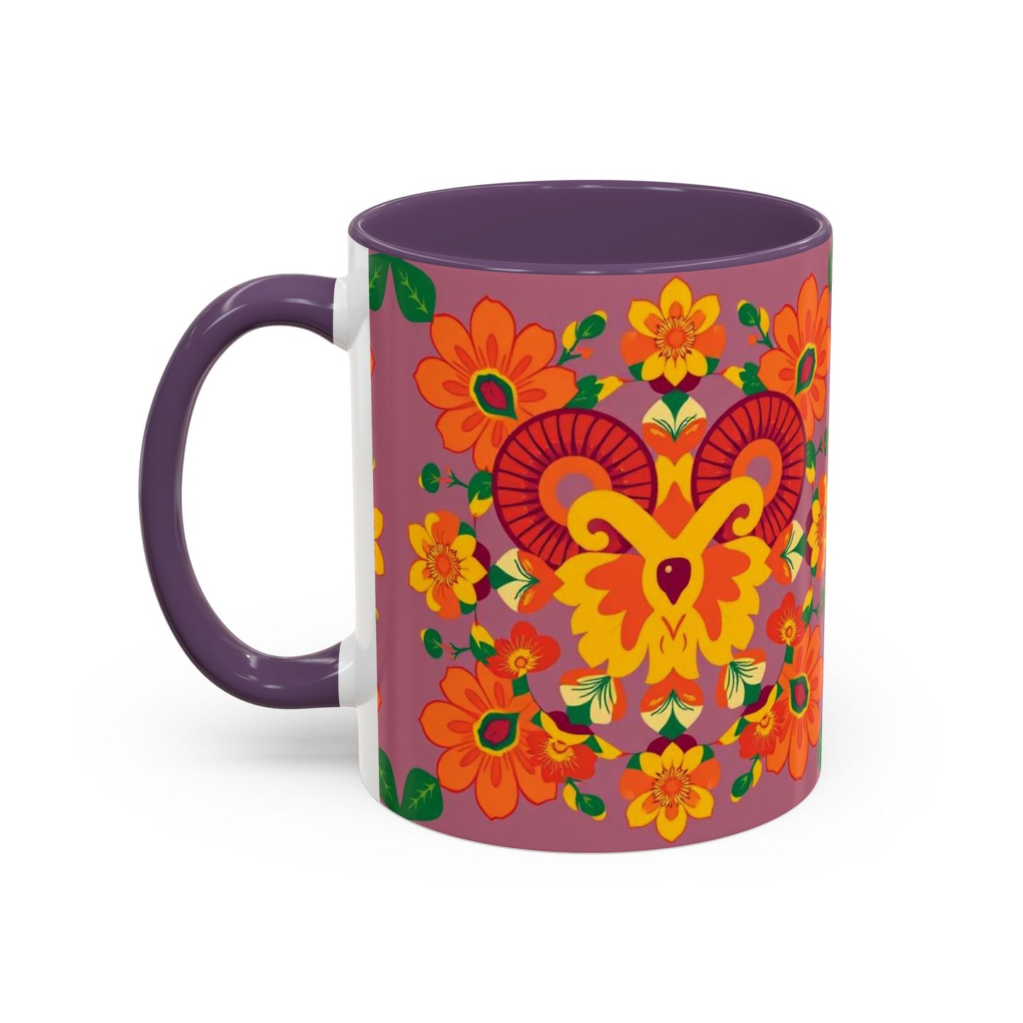 Accent Coffee Mug, Aries, Zodiac v1, Flower Pattern, (11, 15oz)