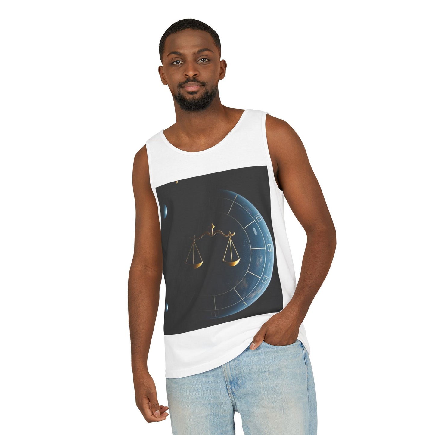 Unisex Garment-Dyed, Tank Top, Libra Design, Space Scale, 100% US cotton