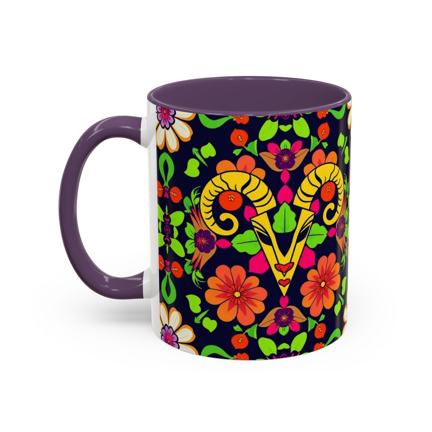 Accent Coffee Mug, Aries, Zodiac v2, Flower Pattern, (11, 15oz)