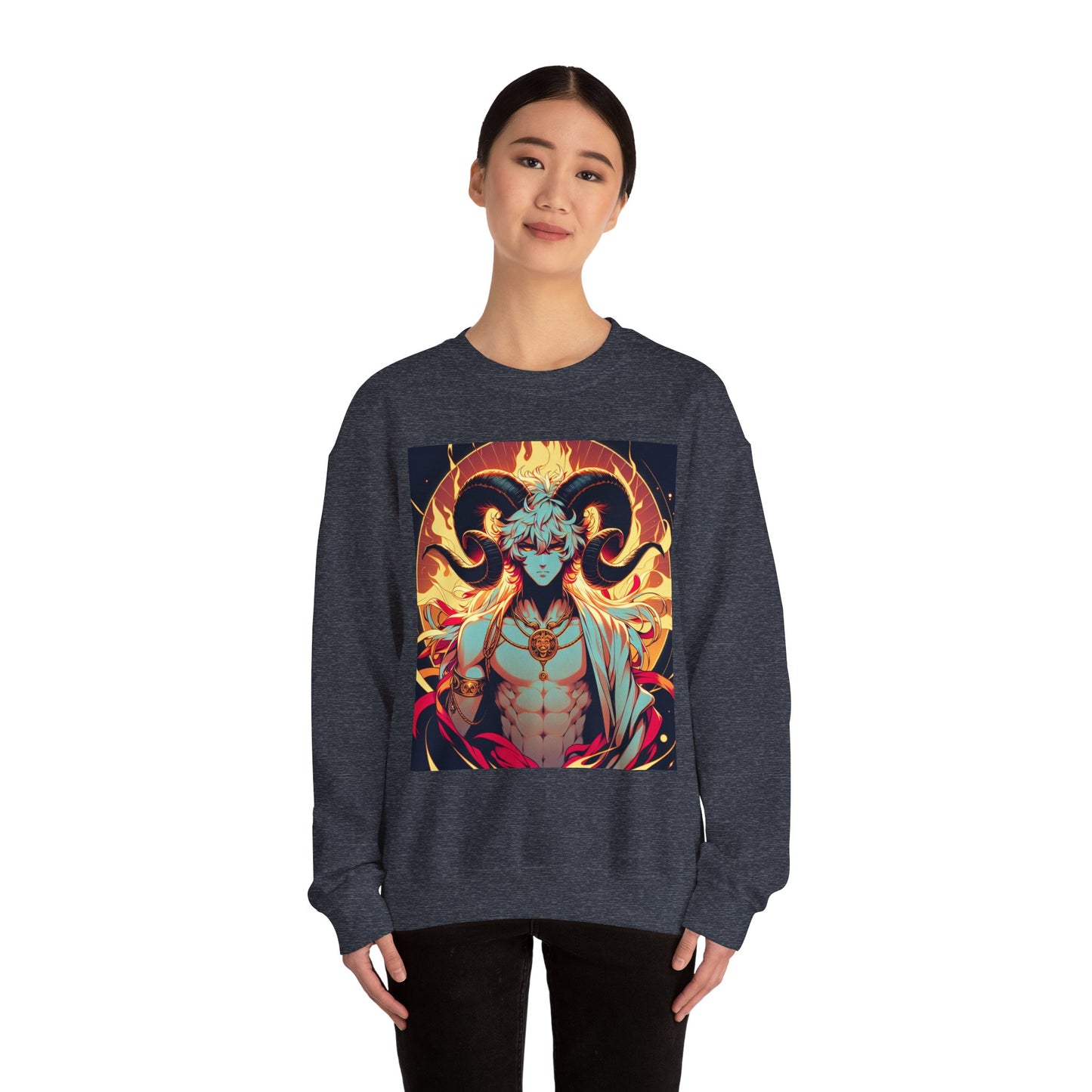 Unisex Heavy Blend™ Crewneck Sweatshirt, Anime Fire Aries, Zodiac Design