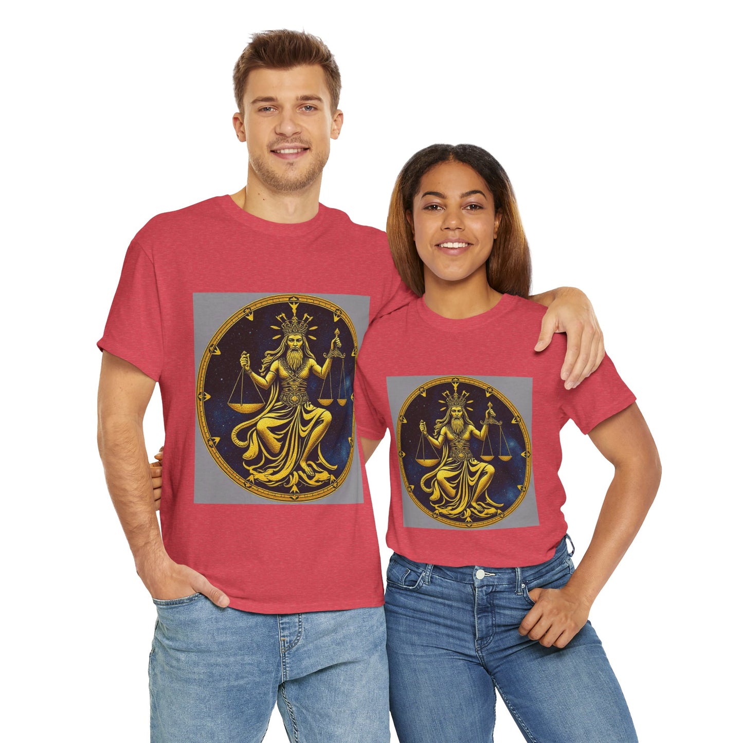 Unisex Heavy Cotton T-Shirt, Gold v1, Libra God, Zodiac Design