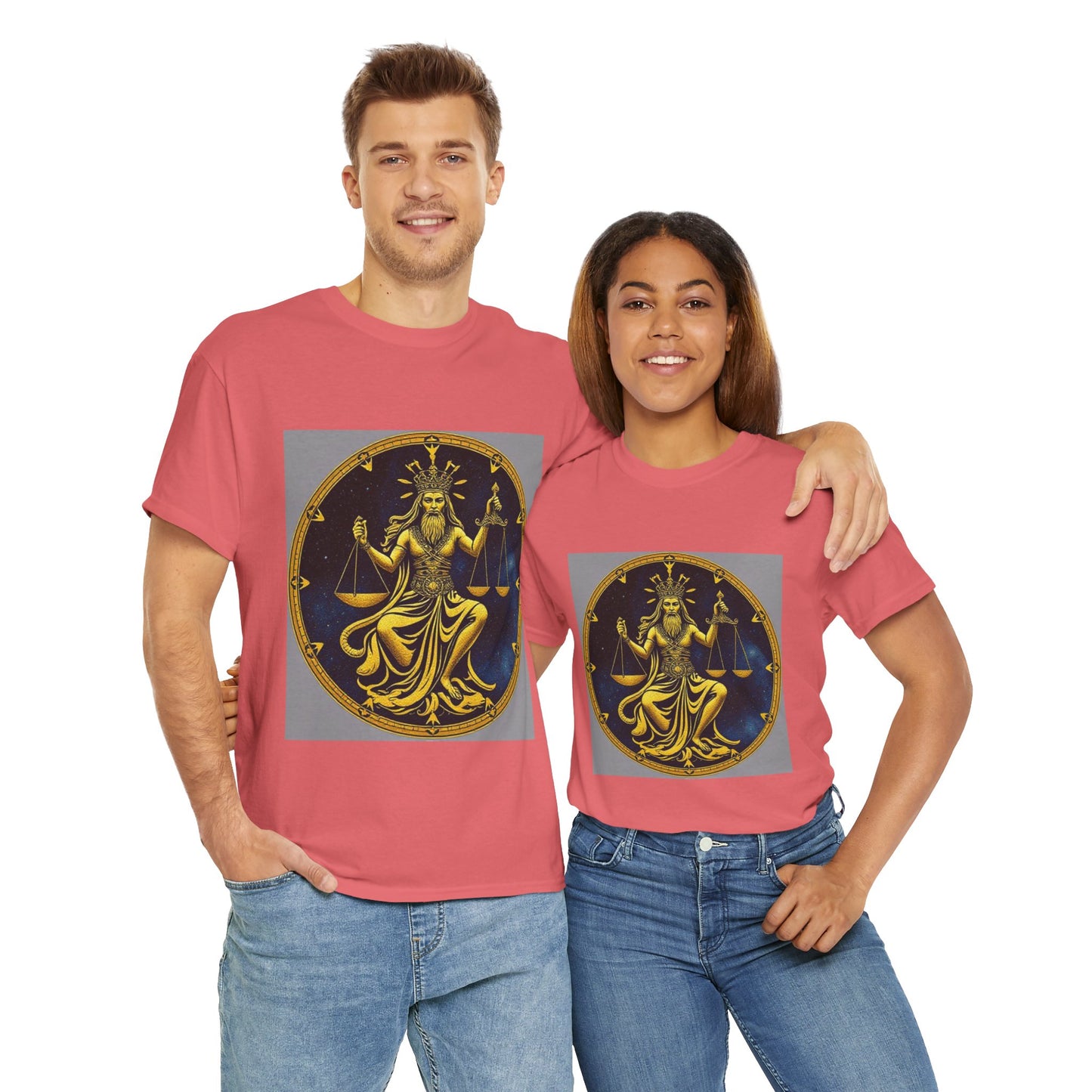 Unisex Heavy Cotton T-Shirt, Gold v1, Libra God, Zodiac Design