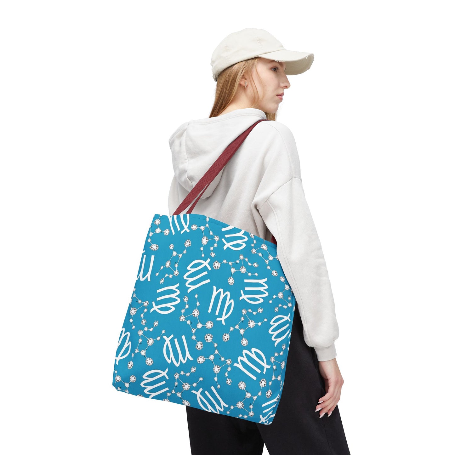 Tote Bag, Virgo Zodiac Sign, AOP, (Turquoise, White)