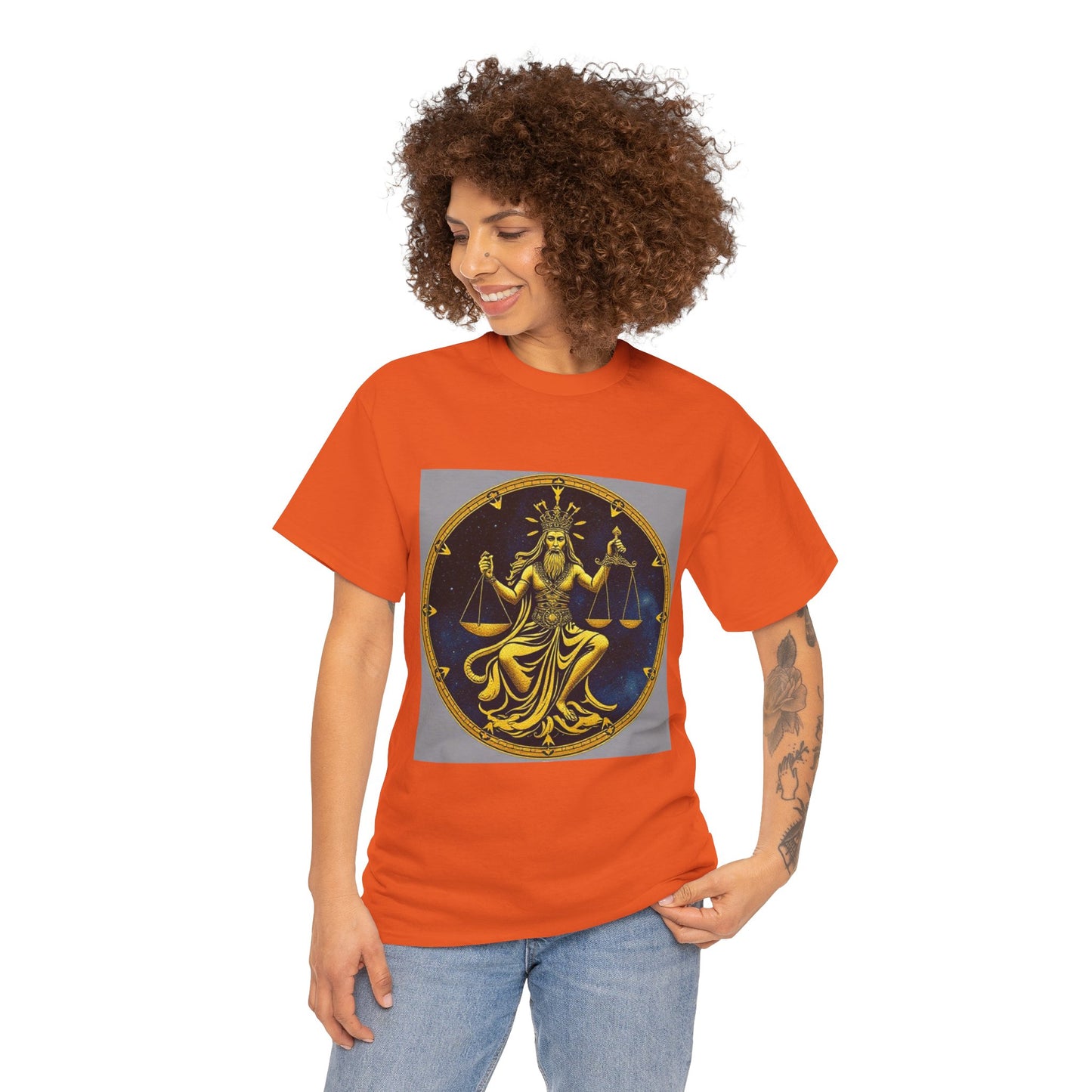Unisex Heavy Cotton T-Shirt, Gold Libra God, Zodiac Design