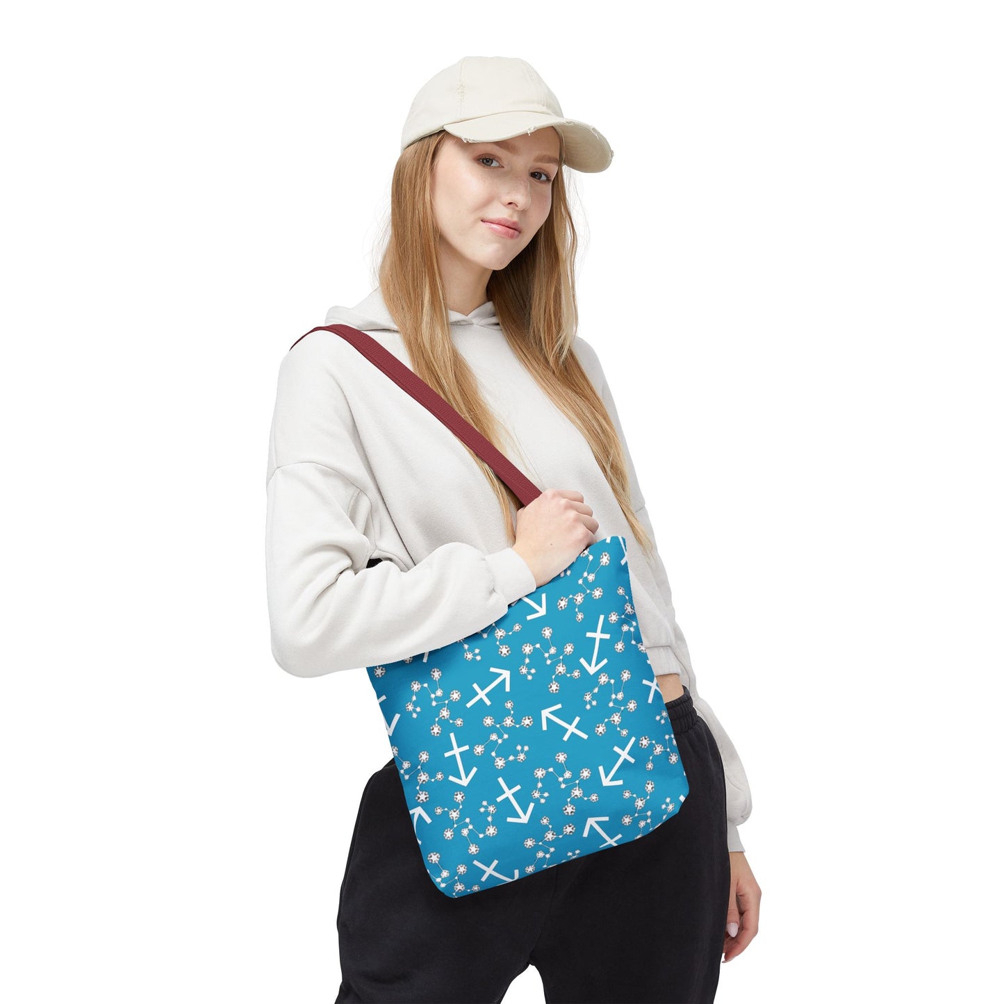 Tote Bag, Sagittarius Zodiac Sign, AOP, (Turquoise, White Print)