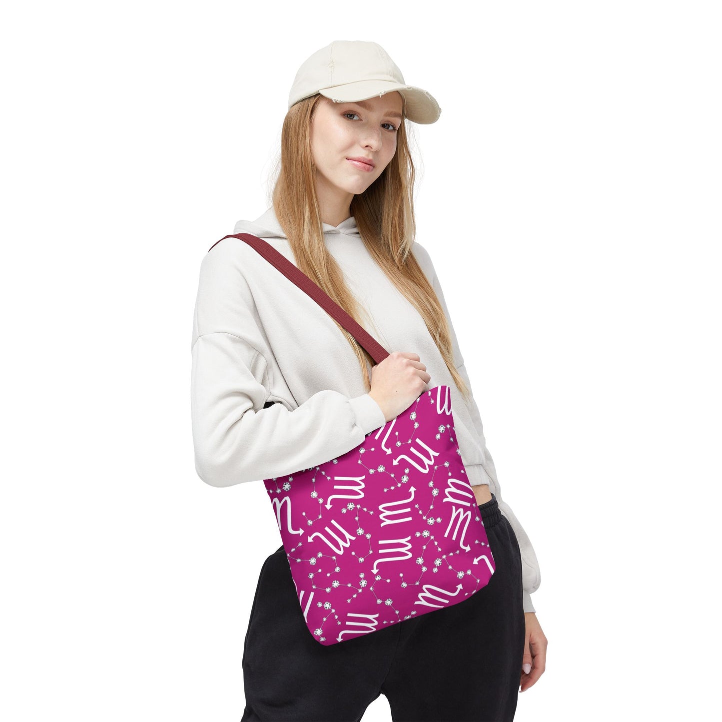 Tote Bag, Scorpio Zodiac Sign, AOP, (Pink, White)