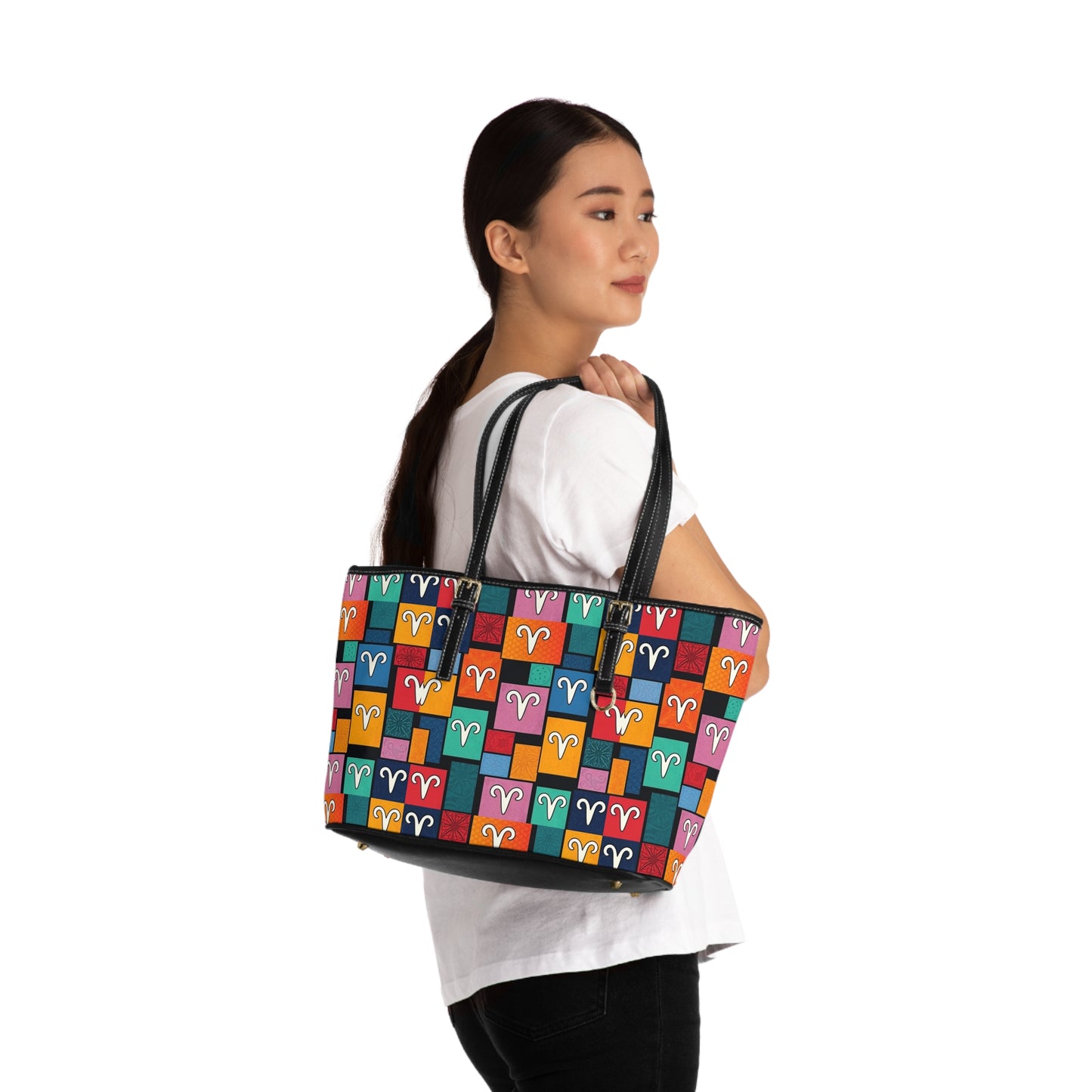 Leather Shoulder Bag, Aries, Zodiac v2, Shapes Pattern