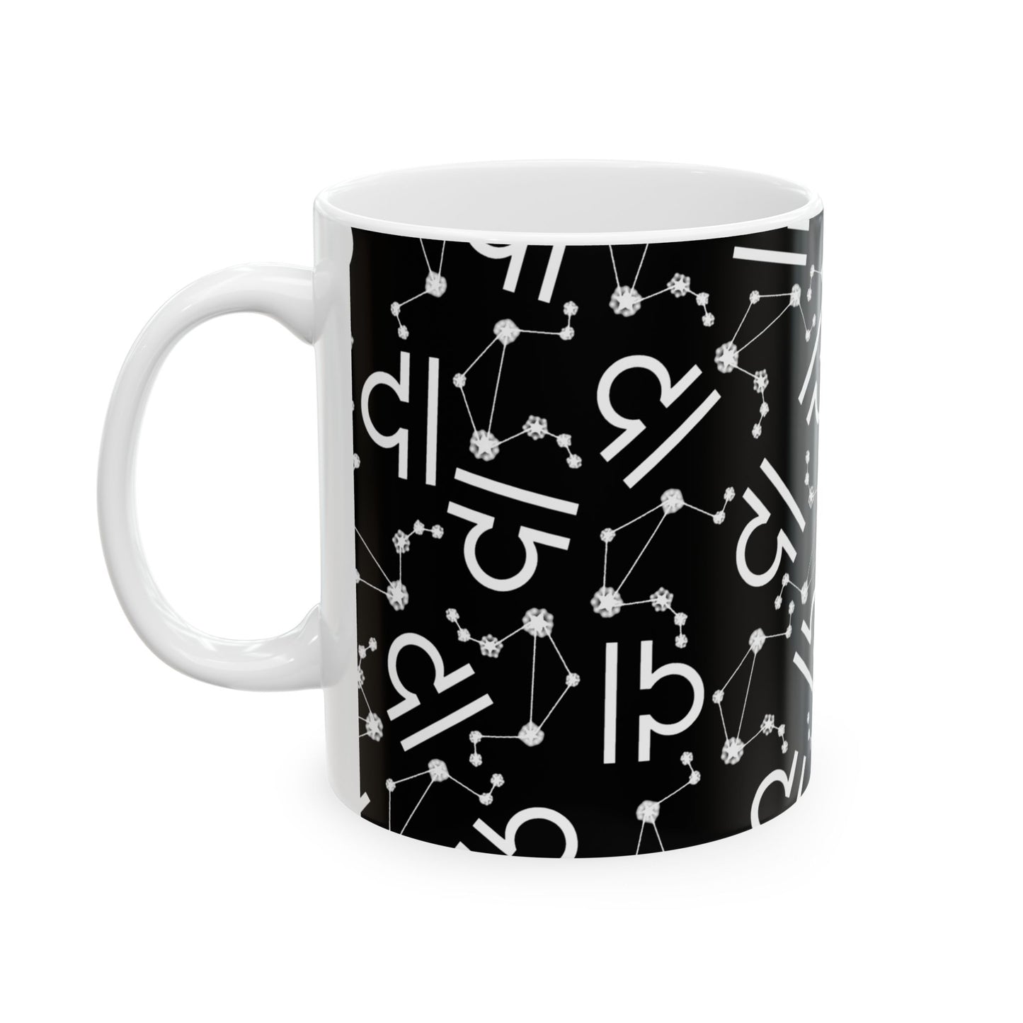 Ceramic Mug, (11oz, 15oz), Ceramic Coffee Mug, Black AOP, Libra Zodiac Design