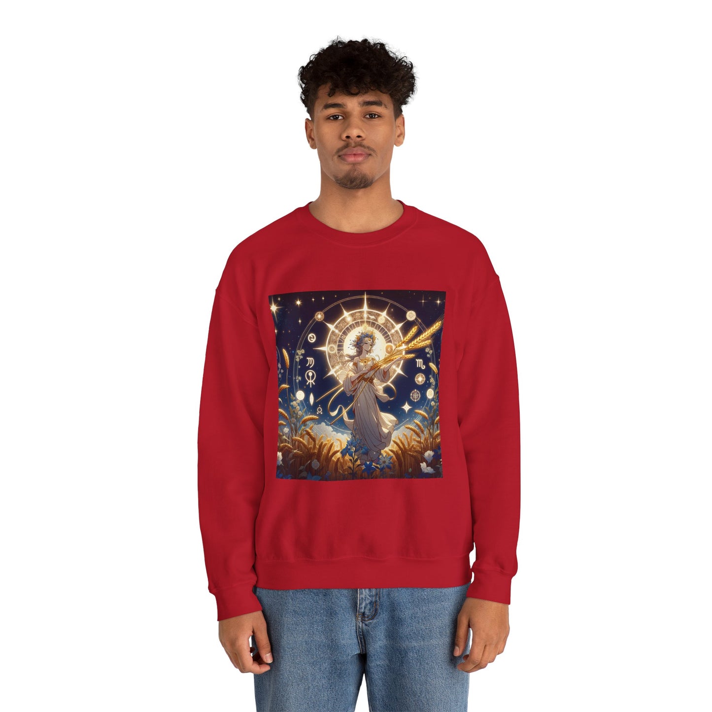 Unisex Heavy Blend™ Crewneck Sweatshirt, anime girl in wheat field, Virgo Zodiac Design