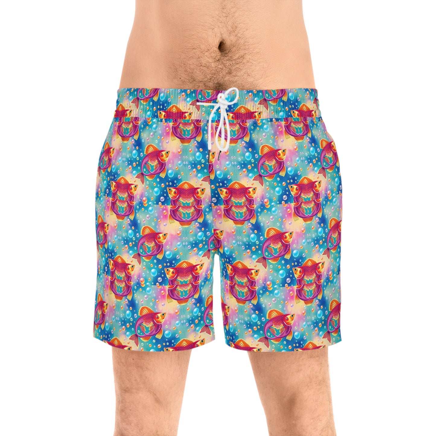 Men's Mid-Length Swim Shorts, (AOP), Pisces, Zodiac v3, Bubble Pattern