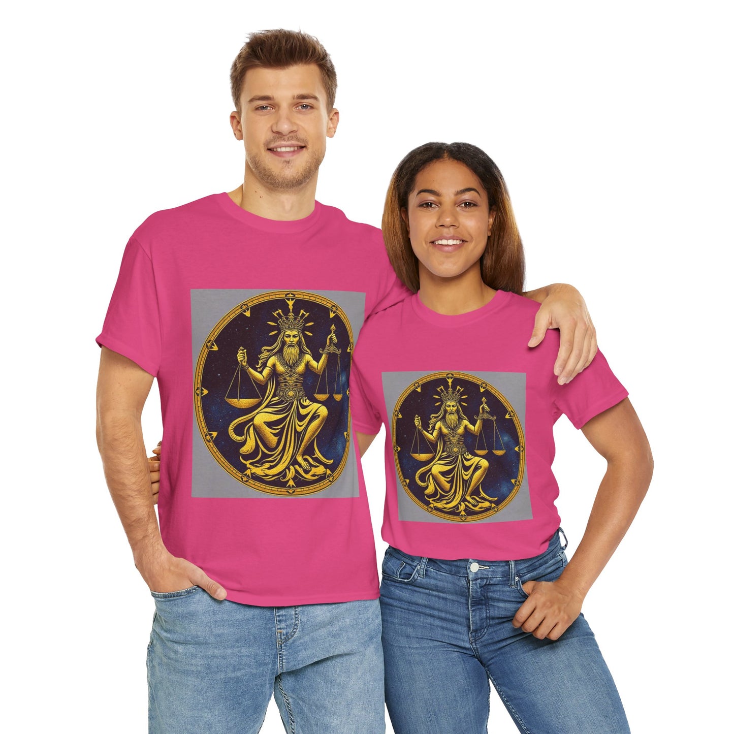 Unisex Heavy Cotton T-Shirt, Gold v1, Libra God, Zodiac Design